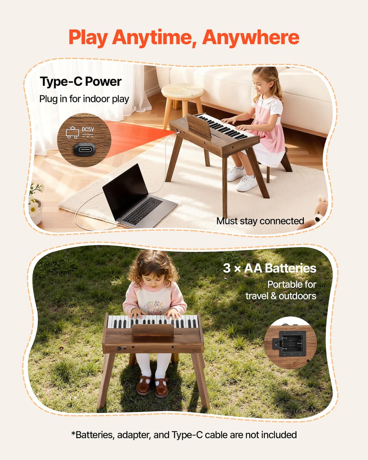 VEVOR Teclado de Piano Infantil 37 Teclas de Madera con Silla, Piano Electrónico para Niños 3-10 Años, Volumen Ajustable, USB-C o Pilas, con Pegatinas de Notas y Hojas de Práctica para Viaje Casa Aula — view 5
