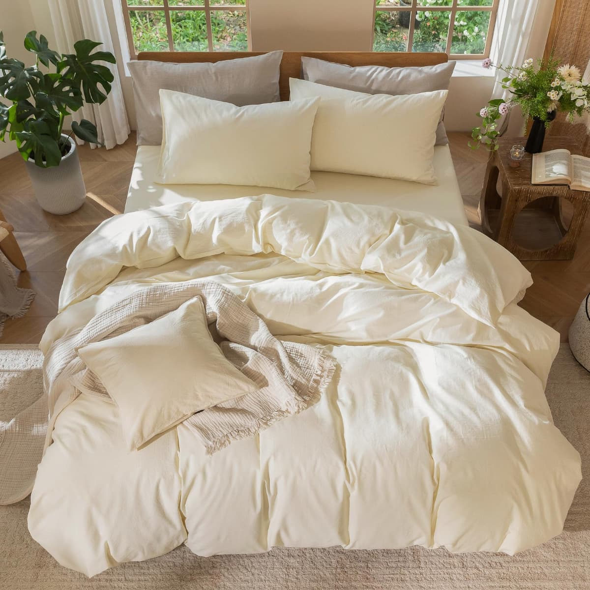 MooMee Bedding Duvet Cover Set 100% Washed Cotton Linen Like Textured Breathable Durable Soft Comfy (Tannish Linen Grey, King) — view 37