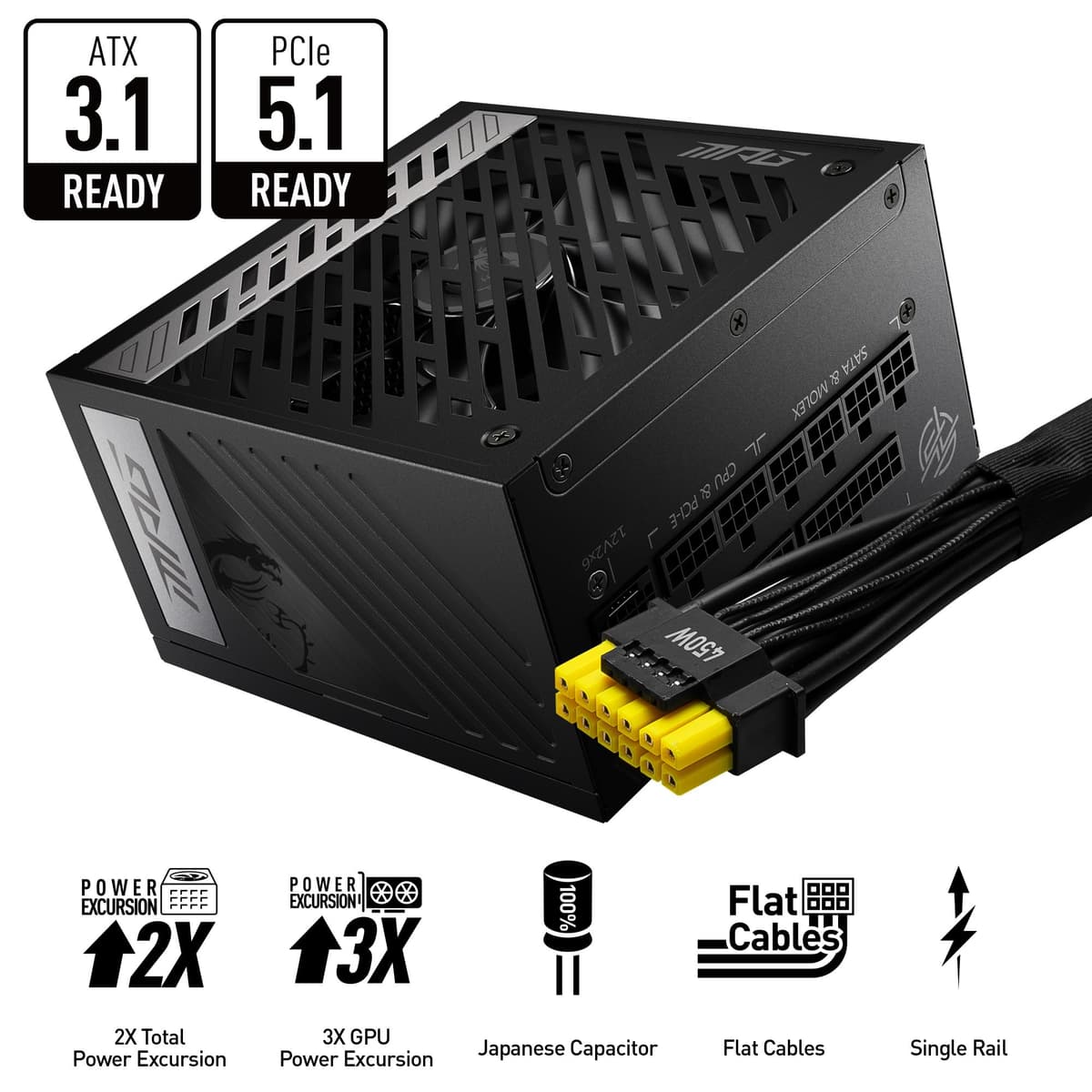 MSI MAG A750GL PCIE5 Power Supply Unit, 750W, 80 Plus Gold, Fully Modular, ATX 3.0, PCIe 5.0 GPU Support, 120mm FDB Fan, Full-Bridge LLC, Flat Black Cables - 7 Year Warranty — view 2