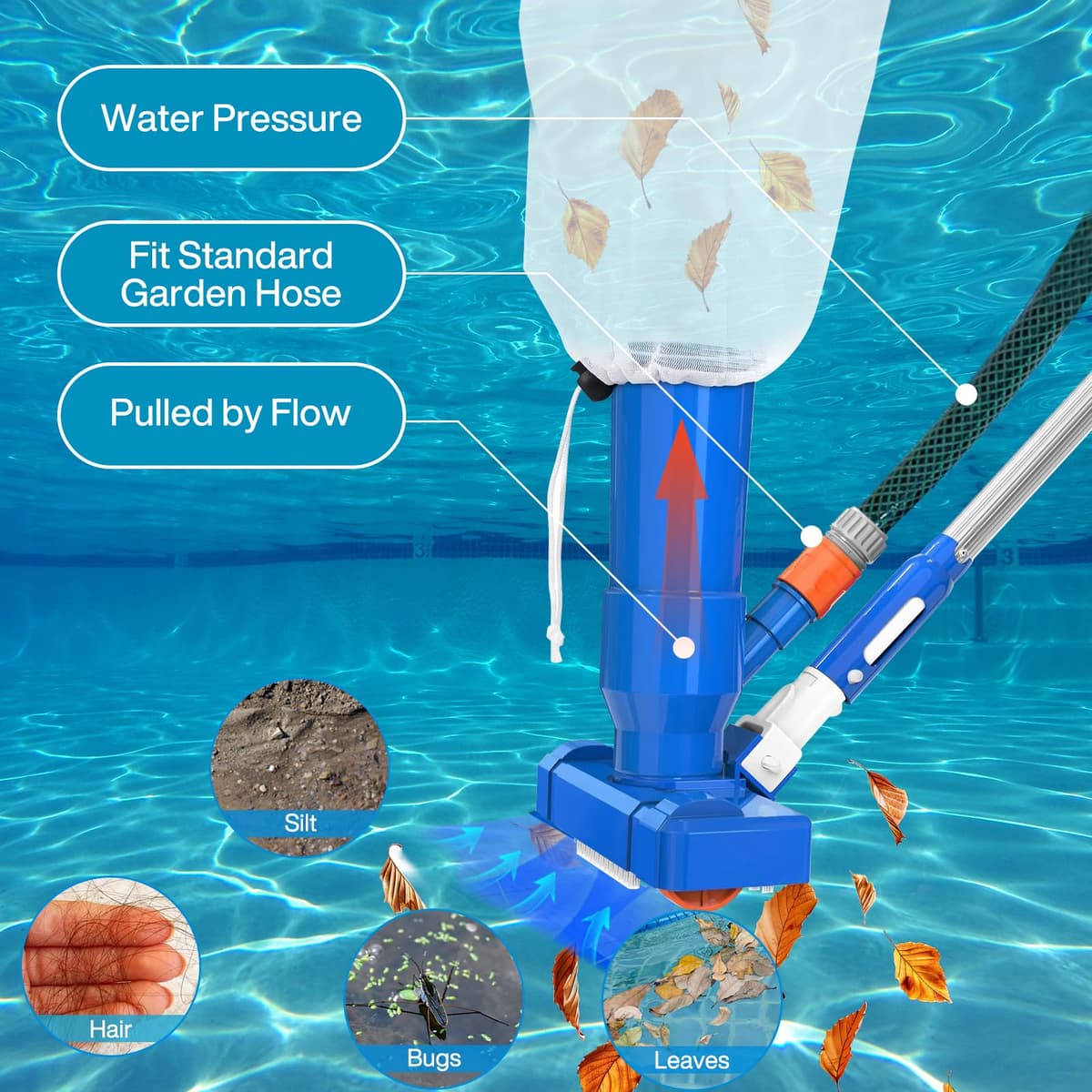 Aspirador de Piscina, Aspiradoras de Mano para Piscinas con 4 Postes de Aluminio Extraíbles y Skimmers para Piscinas, Kit de Limpieza Piscina para Bañera de Hidromasaje de Fuente de Piscina — view 4