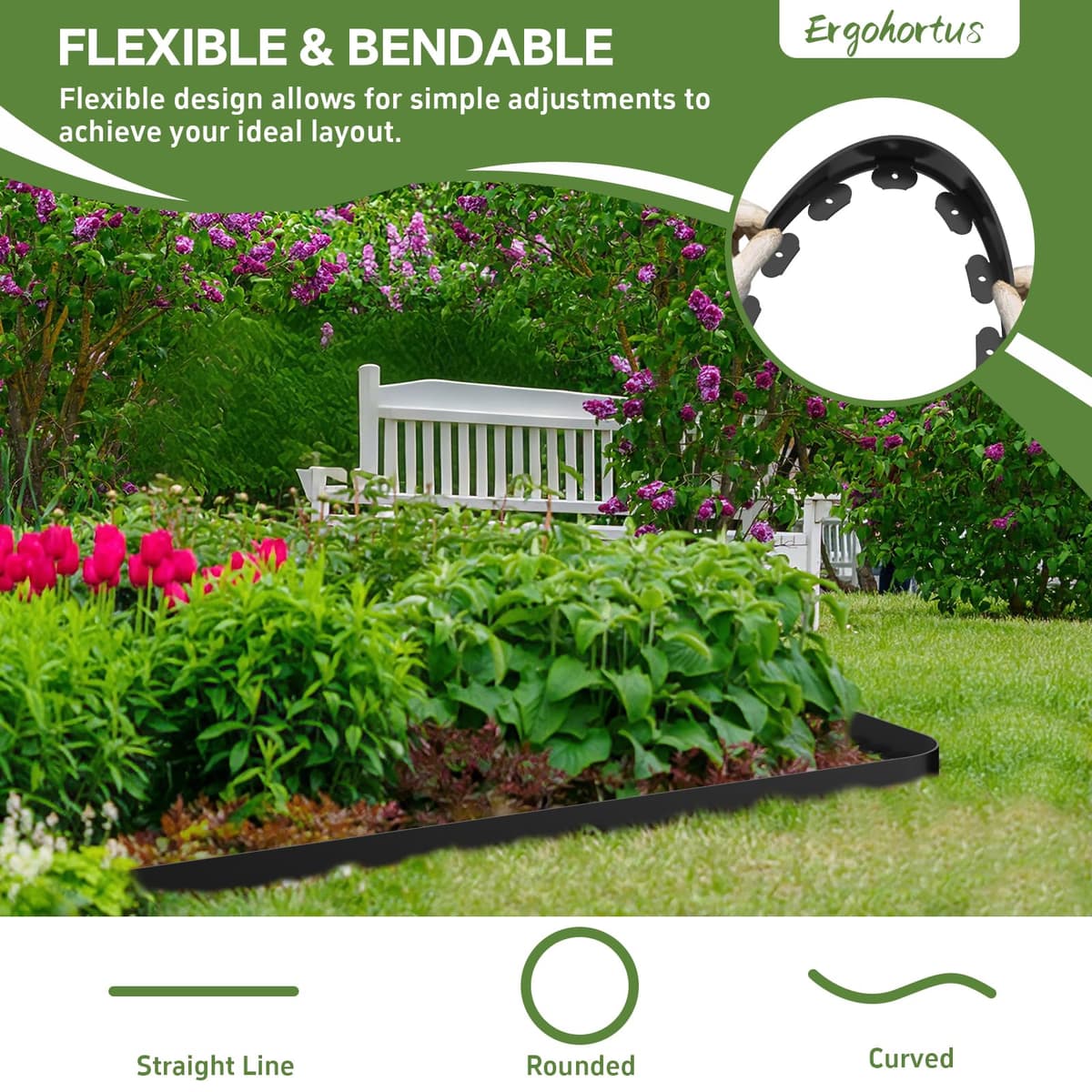 Lawn Edging, 10m Garden Edging Border with 30 Pegs, Plastic Garden Borders Edging with 4.6cm High, Flexible for Grass Edging, Flower Beds Edging, Lawns and Pathway, Black — view 2