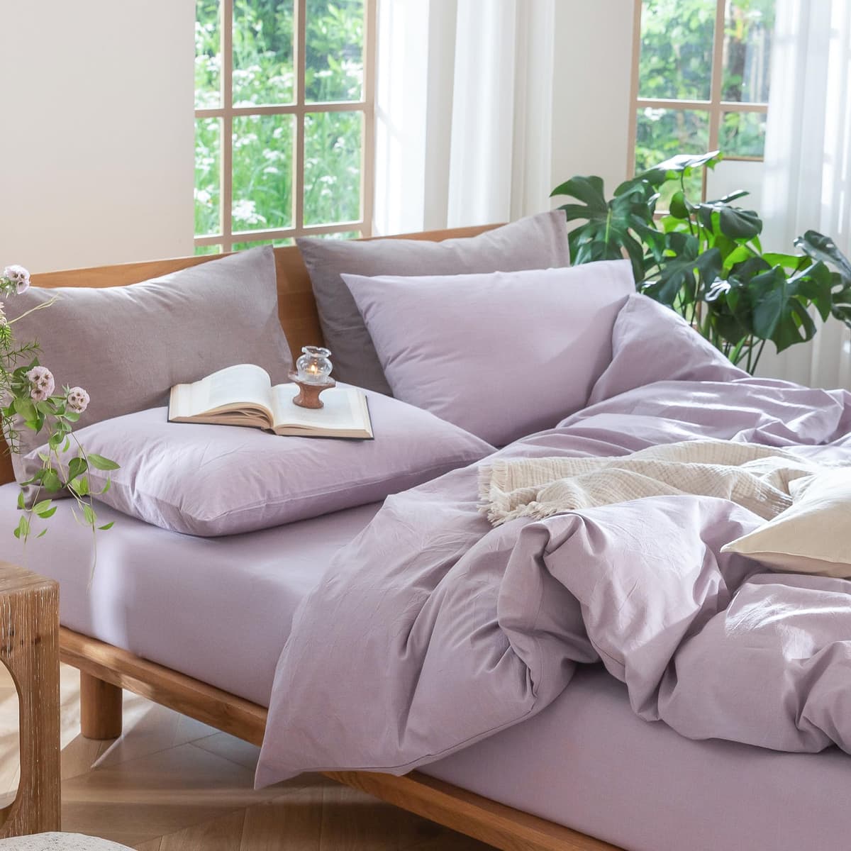 MooMee Bedding Duvet Cover Set 100% Washed Cotton Linen Like Textured Breathable Durable Soft Comfy (Tannish Linen Grey, King) — view 231