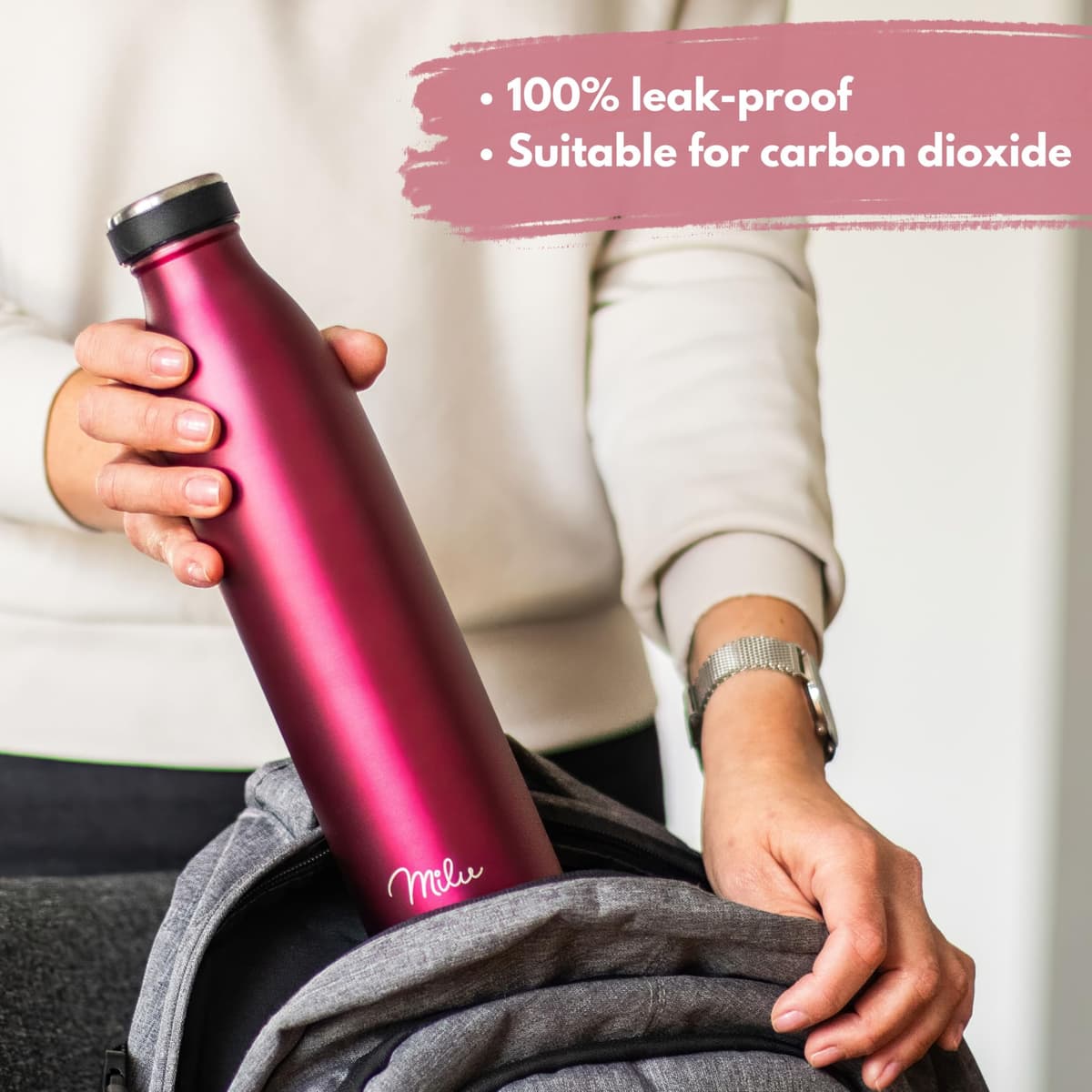 Milu Stainless Steel Drinking Bottle 1500 ml - Insulated Thermo Flask for Water - Leak Proof, Insulated and Double Walled, Carbonated (Berry, 1,5L) — view 3