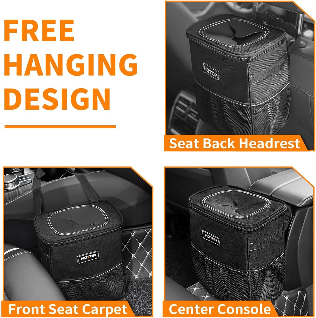 HOTOR Car Bin: Leak-Proof, Foldable, Waterproof Interior Accessory With Lid, Adjustable Straps and Multiple Pockets — view 2
