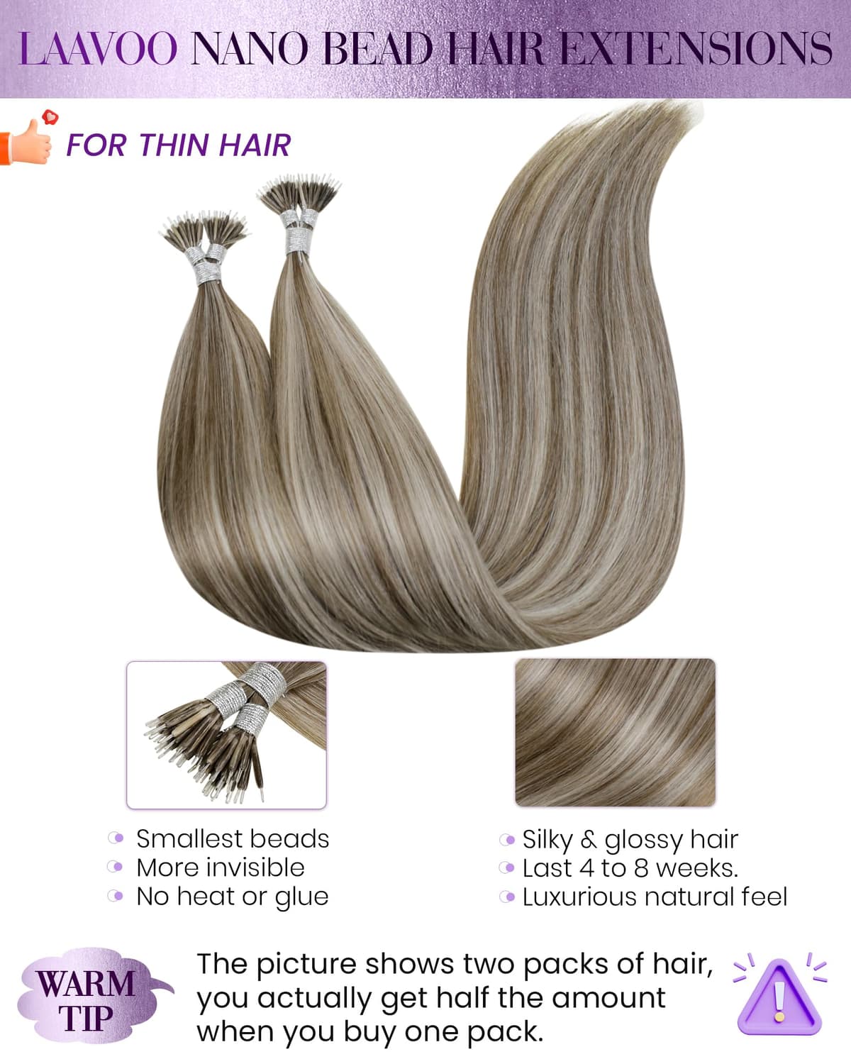 LaaVoo Nano Ring Hair Extensions Human Hair Nano Hair Extensions Brown 16 Inch Invisible Nano Beads Straight Remy Highlight Light Brown with Ashy Blonde Real Hair 50g 50s #p8/24 — view 2