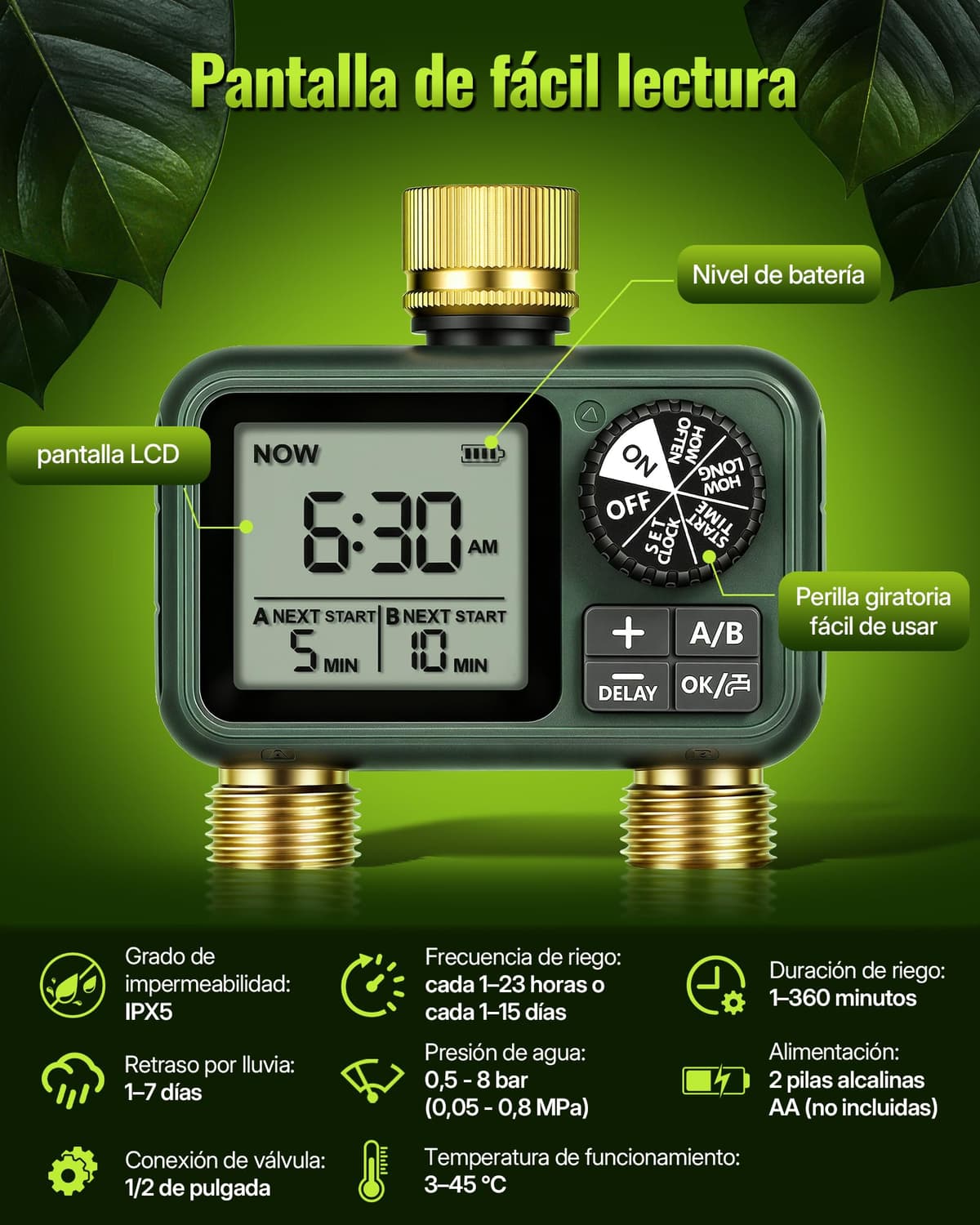 2 Valve Irrigation Programmer, Automatic Irrigation Computer, Timer for Garden Hose Tap, Rain Delay Function, Patio and Lawn, Dark Green — view 6