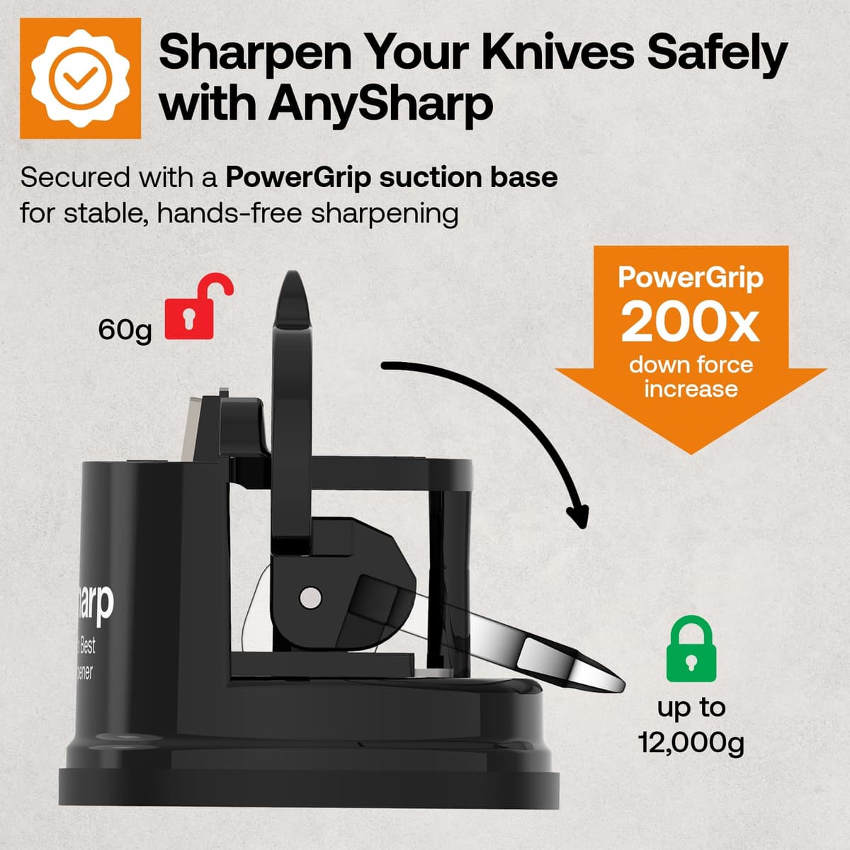 AnySharp Knife Sharpener, Hands-Free Safety, PowerGrip Suction, Safely Sharpens All Kitchen Knives, Ideal for Hardened Steel & Serrated, World's Best, Compact, One Size, Black — view 5