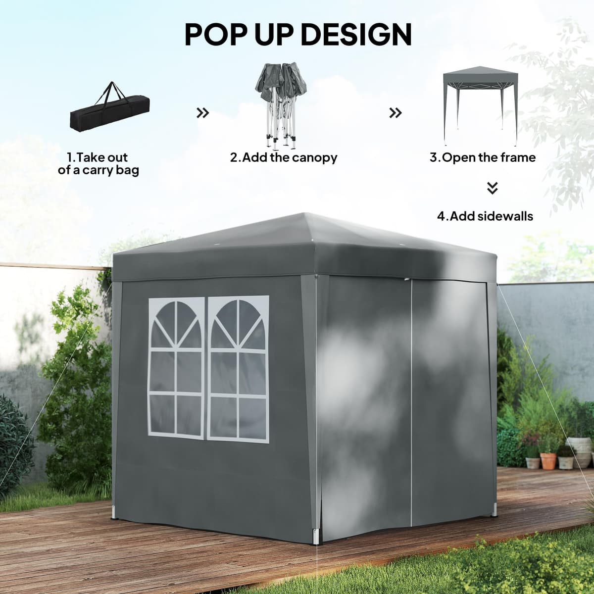 Outsunny 2 x 2 m Garden Pop Up Gazebo, Wedding Party Tent Marquee, Water Resistant Awning Canopy With Sidewalls, Windows, Carry Bag, Grey — view 3