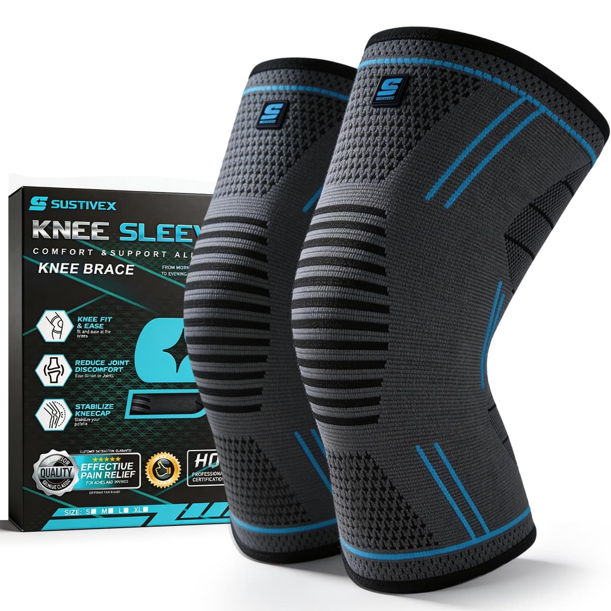 Pack de 2 Rodilleras, Antideslizante Rodilleras Crossfit, Aliviar el Dolor Articular, Knee Brace, Transpirable Rodillera para Gym, Voleibol, Baloncesto, Correr, Bicicleta, Unisex (Línea Azul-XL)