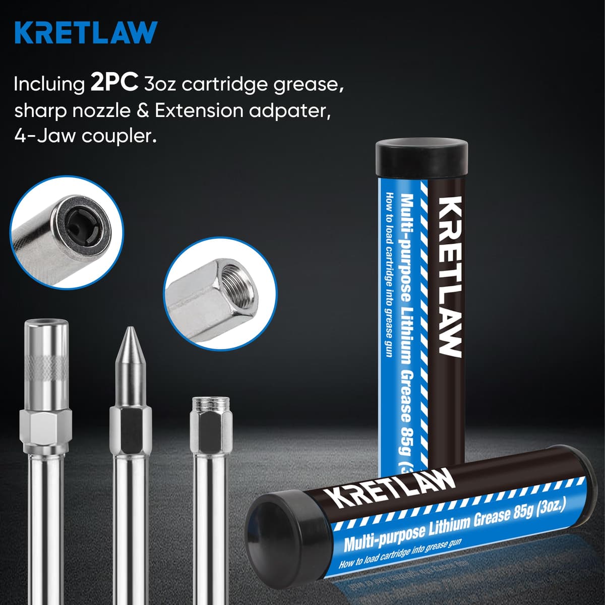 KRETLAW Mini Grease Gun (3000PSI) with Double 85G Cartridge Grease and Flexible Hose, Reinforced Coupler for Automotive,Marine — view 4