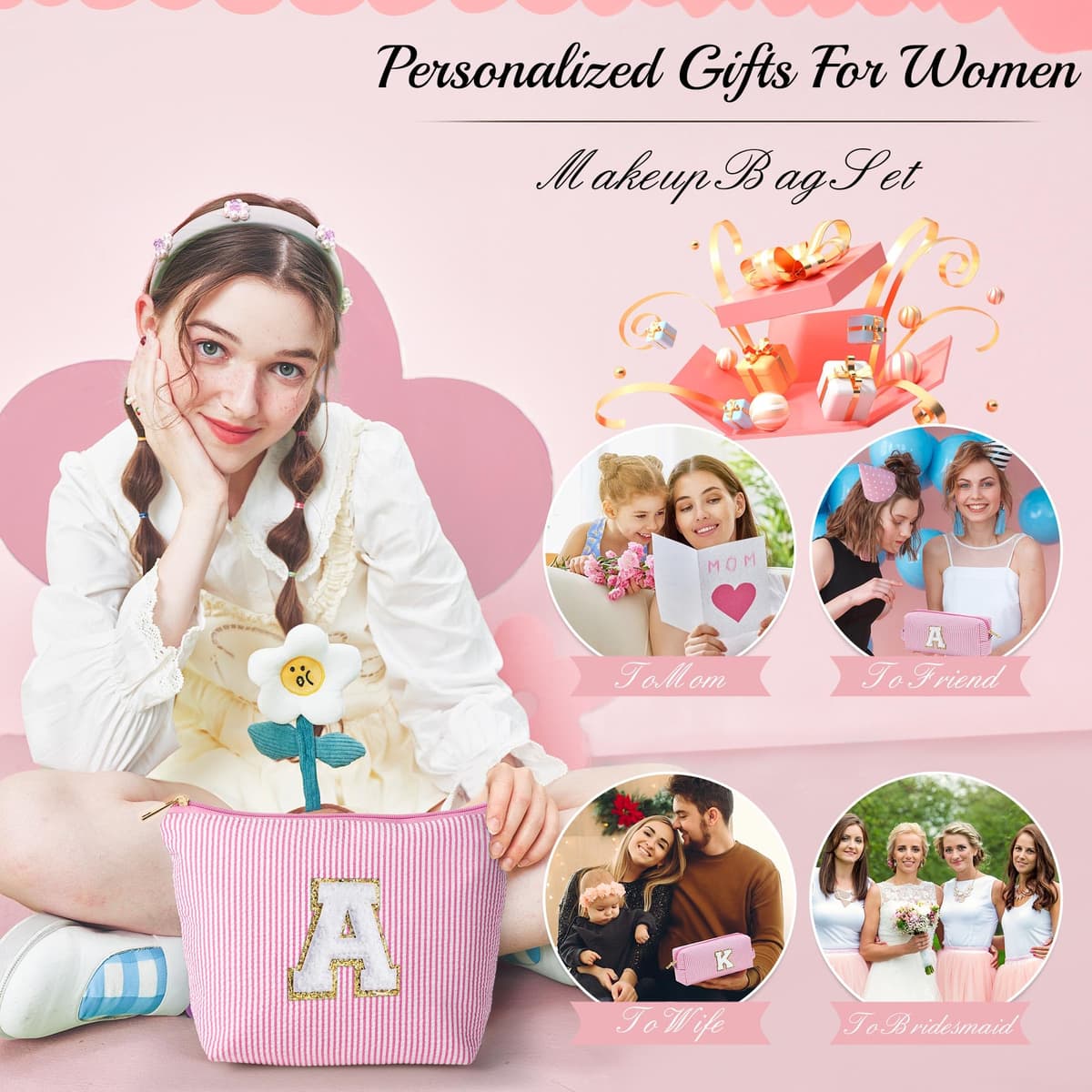 Parima Personalized Makeup Bag for Women - Cosmetic Bag Travel Toiletry Bags Brush Holder Birthday Gifts for Women Her Wedding Bridesmaid Friend Sister Teacher Wife Pink Initial A Personalised Gifts — view 3