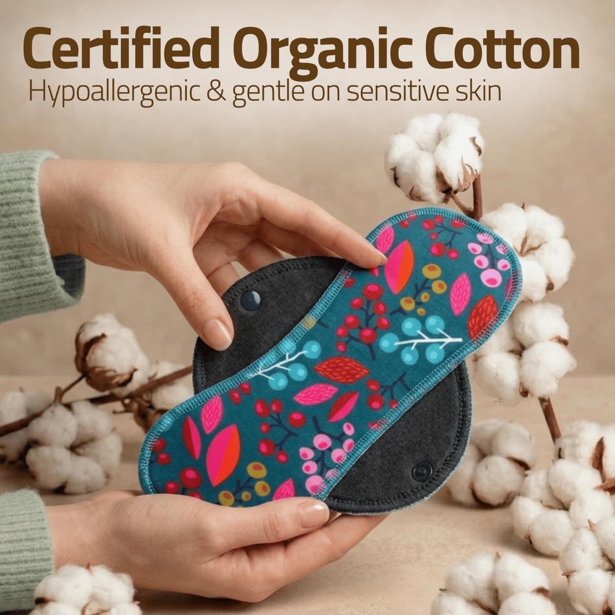 Compresas reutilizables en algodón orgánico para flujo menstrual ligero y abundante (S+M+L+XL, 7 uds); lavables a alta T°, HECHAS EN LA UE; suaves, no irritantes y cómodas, compresas tela para mujeres — view 3