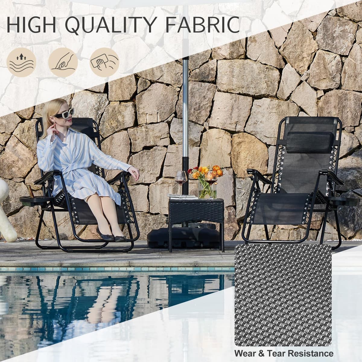 Sweetcrispy Zero Gravity Chairs, Set of 2 Portable Recliner Beach Camping Patio Outdoor Folding Lounge Chair with Cup Holder Trays and Adjustable Pillow for Poolside, Garden, Backyard, Lawn (Black) — view 4