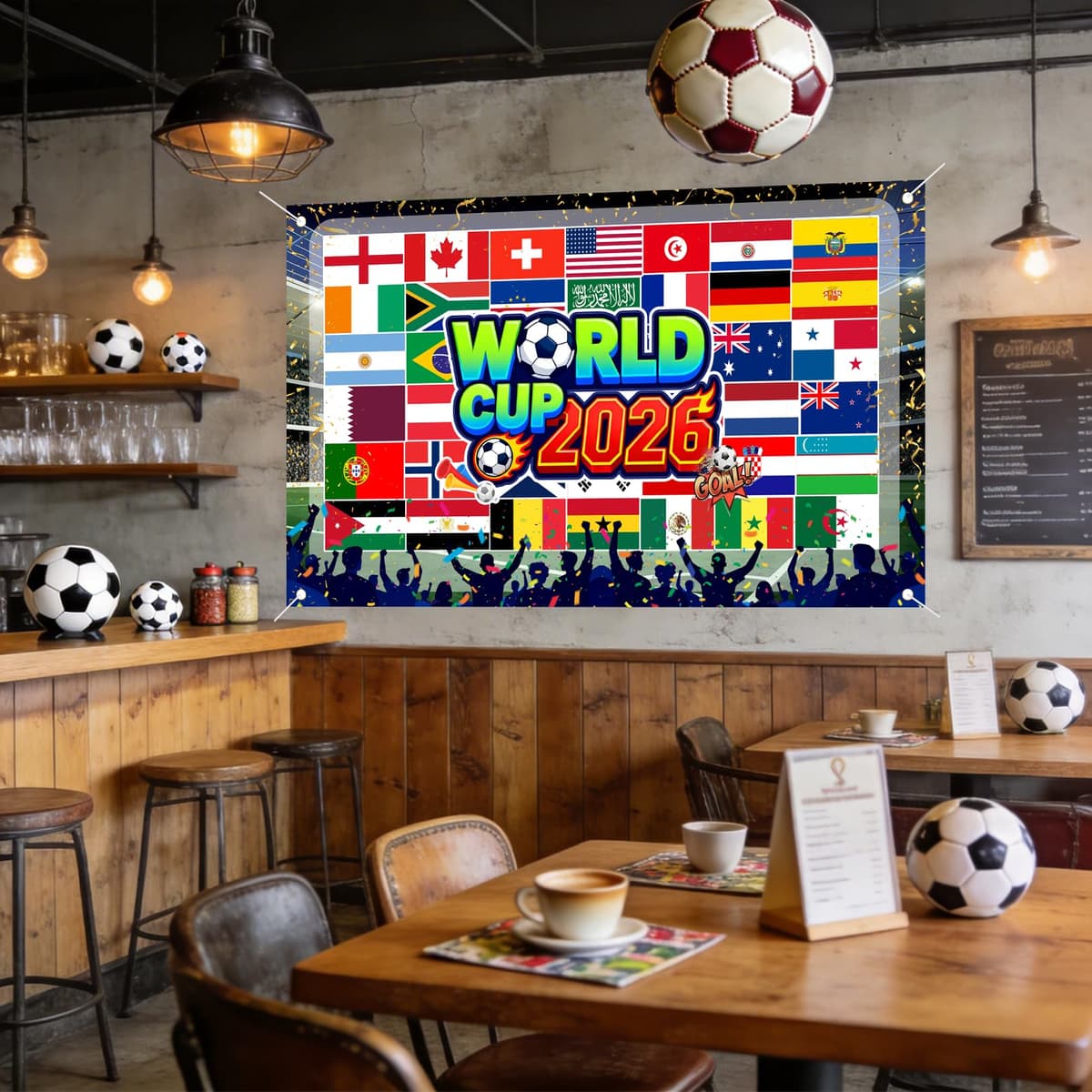 Large 110 x 180 cm World Cup Football 2026 Flag, World Cup Wall Chart Banner Soccer Stadium Atmosphere Background with National Flags Ball Indoor Outdoor Party Garden Home Fan Decor — view 4