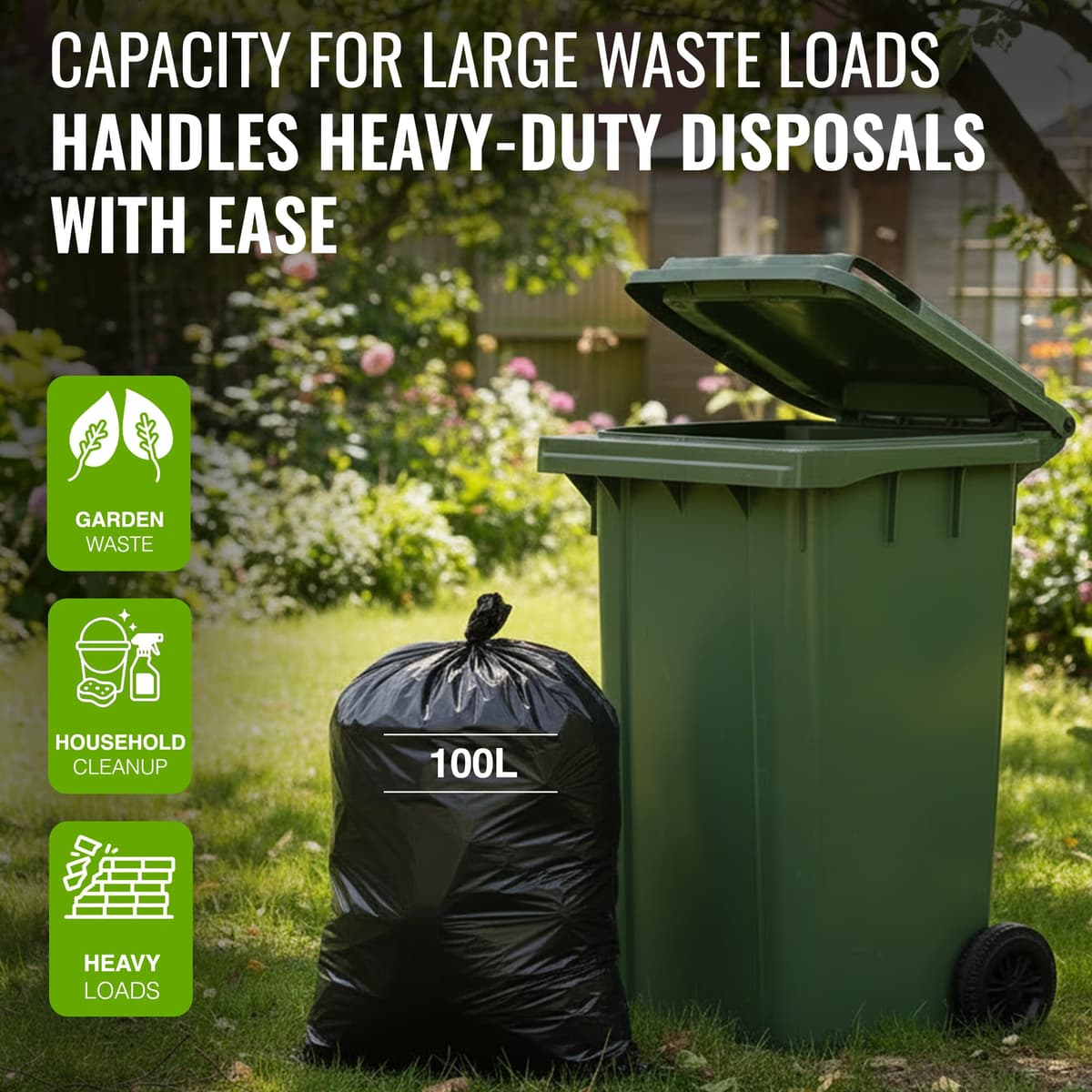 EcoBag - 50 Pack Super Strong Heavy Duty Refuse Sacks - Recyclable Bags, Leak Resistant, Durable Waste Disposal Bags For Wheelie Bins, Large Household Bins, Garden&Bulky Waste, 35 Micron (Μm)/100l — view 4