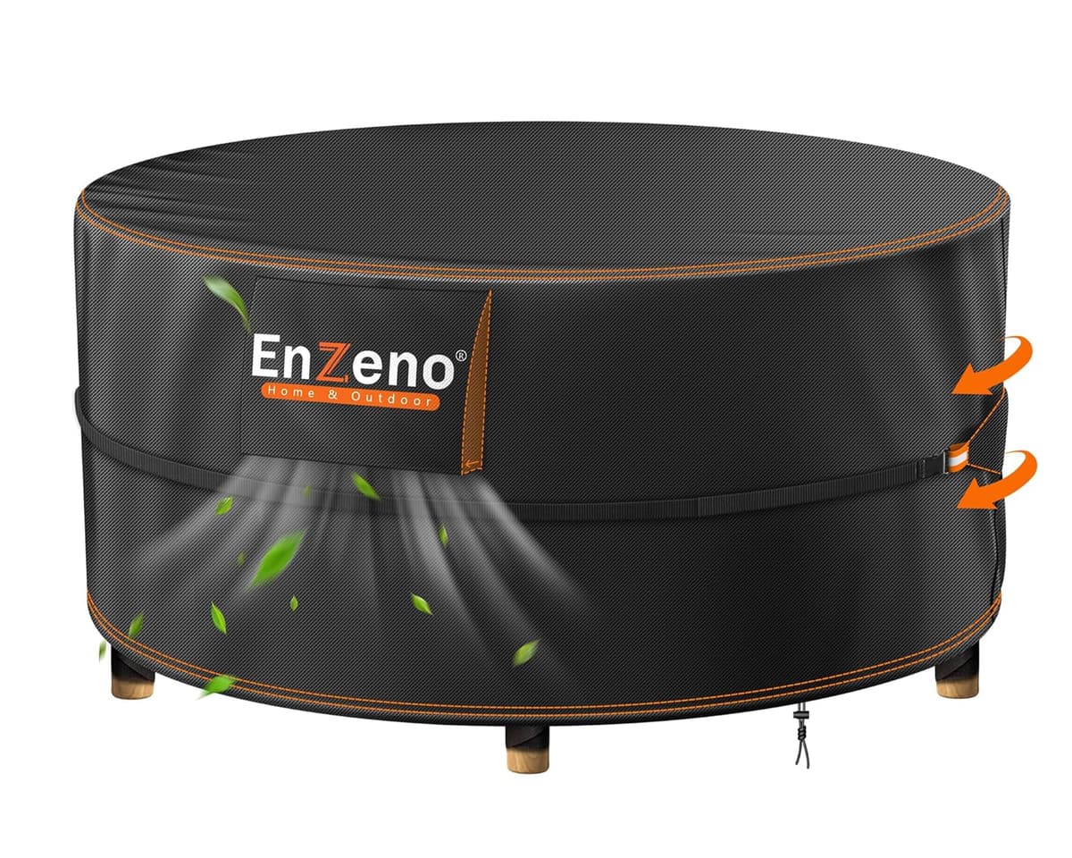 Enzeno Garden Table covers with Vents, Garden Furniture Cover,Round Outdoor Patio Covers 420D Oxford Fabric Large Patio Set Cover Heavy Duty Waterproof Ripstop with 4 Windproof VelcroStraps,230x100cm