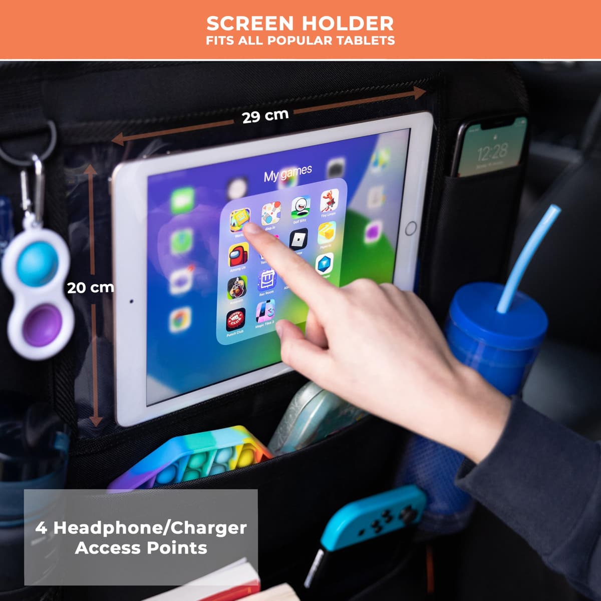Car Seat Organiser - Kids Back Seat Organiser, Storage Pockets, Screen Holder, Black, 1 Pack — view 6