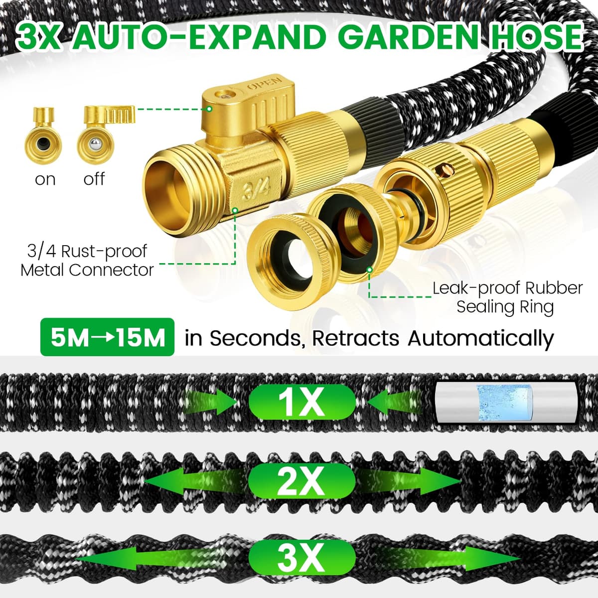 Manguera Jardin Extensible 15M, Manguera Extensible con Conectores de 1/2" 3/4" y Soporte de Pared, Mangeras Jardineria con 10 Funciones Pistola para Jardín, Lavar la Mascota, Lavado de Coche — view 2