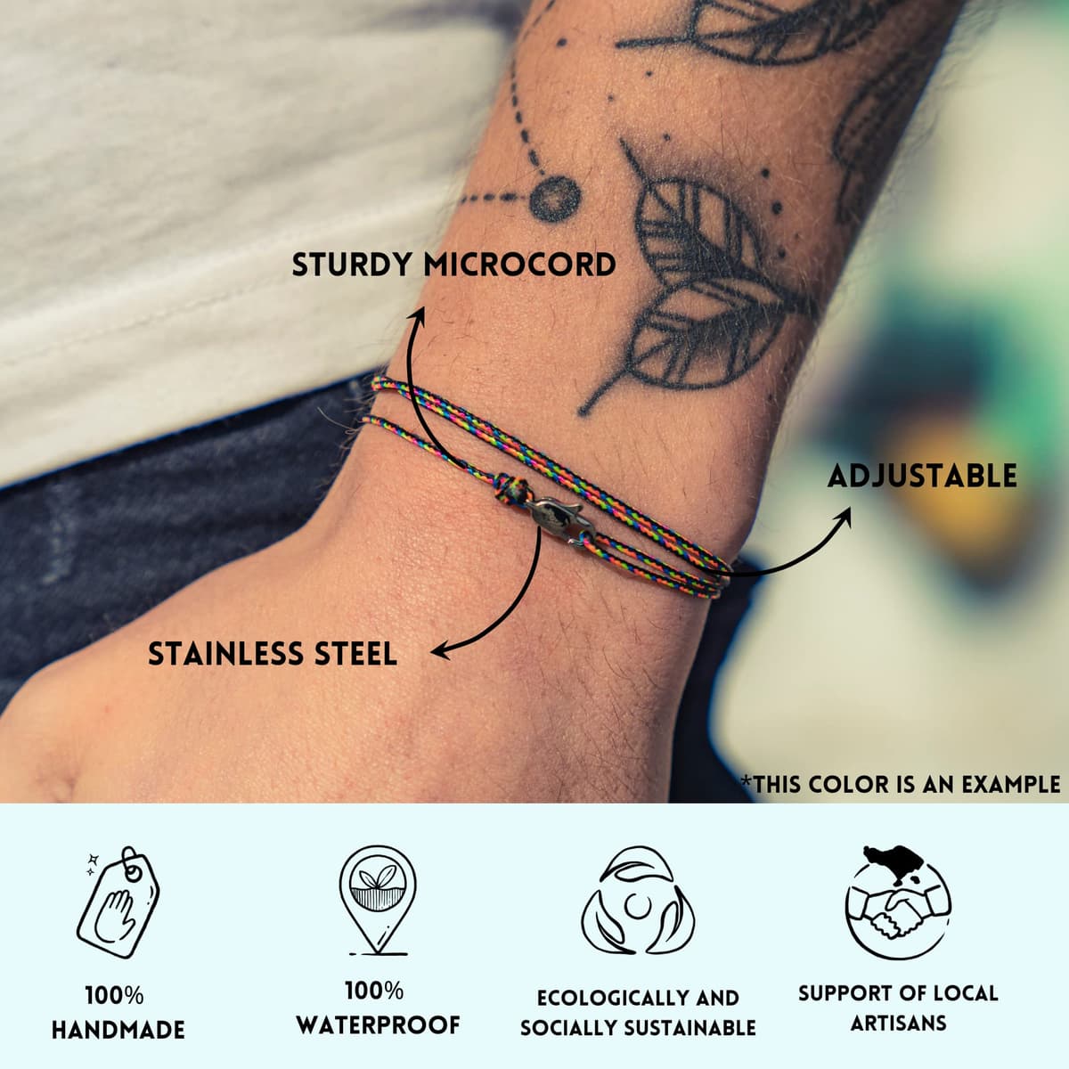 Made by Nami Pulsera Fina para Hombres y Mujeres con Cierre de Mosquetón Hecha a Mano - Joyería Marítima para Surfistas - Pulsera de Tela Minimalista - 100% Impermeable y Ajustable (Gris Plata) — view 4