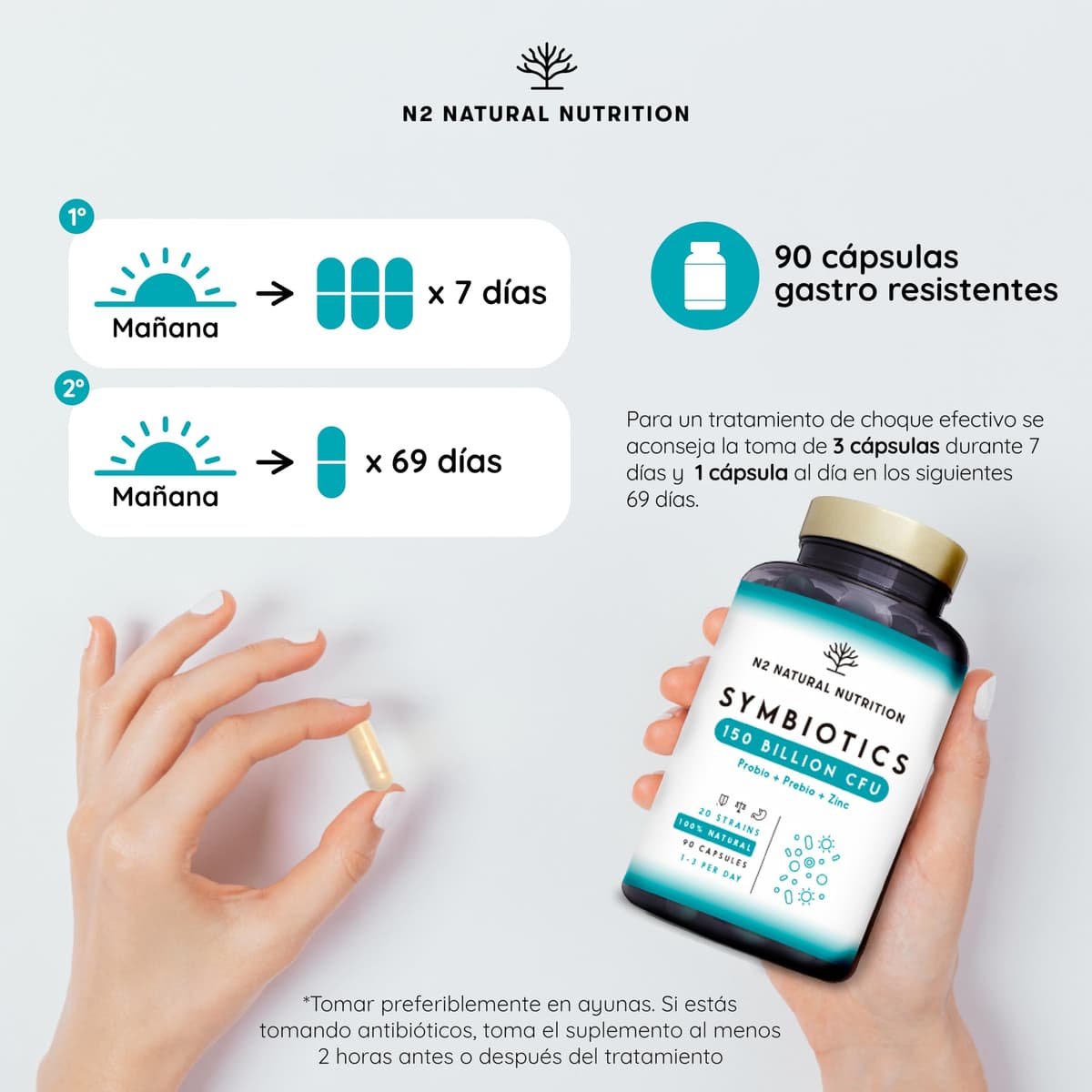 Probioticos 150 mil millones UFC y 20 Cepas. Máxima concentración de Probioticos y Prebioticos intestinales y Zinc. Terapia de choque 76 Días. Colon irritable y gases. Vegano. CE. N2 Natural Nutrition — view 4