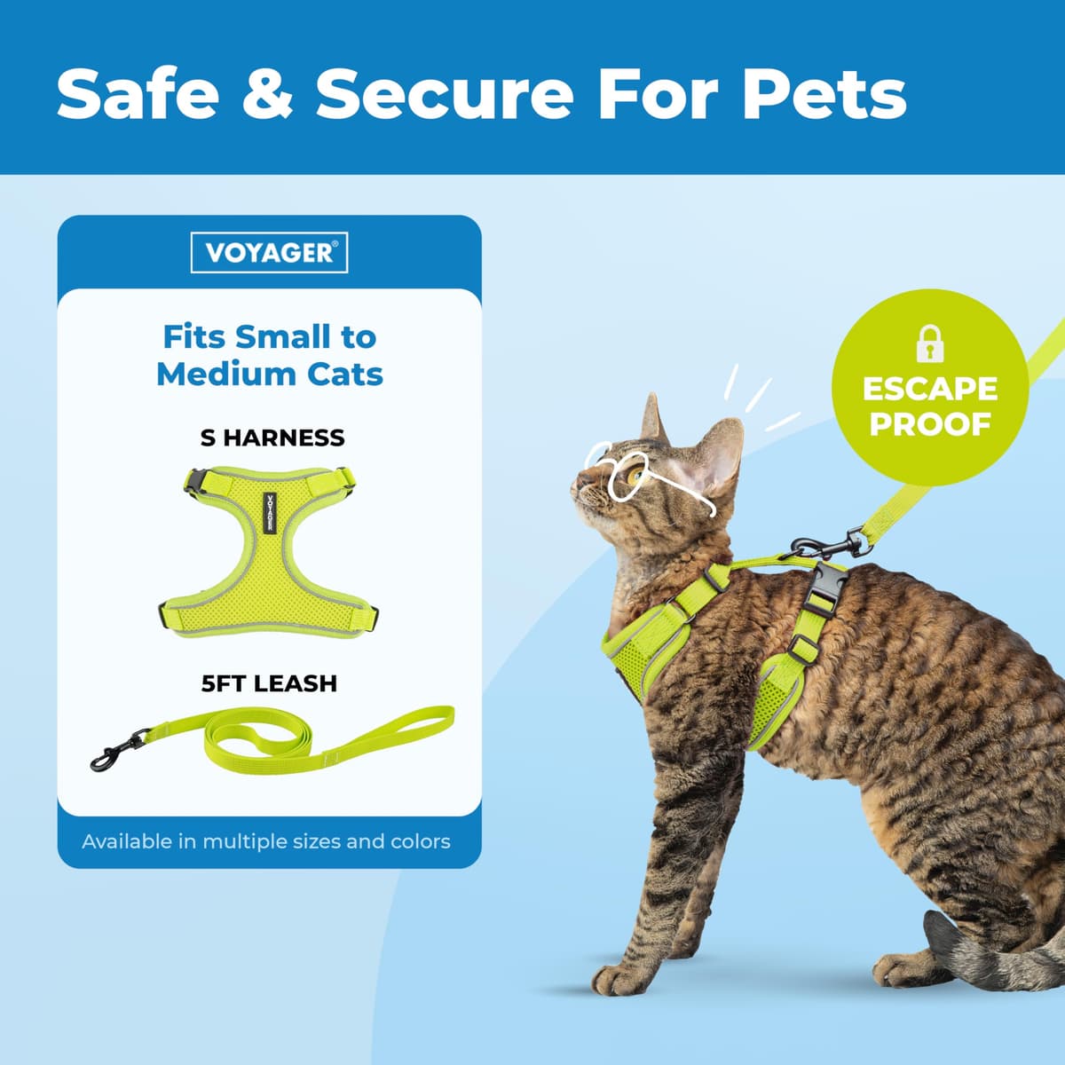 Voyager Escape Proof Cat Harness and Leash Set with Reflective Stitching, Neoprene Handle 5ft - Supports Small, Medium and Large Cats, Kittens for Walking by Best Pet Supplies - Lime, S — view 2