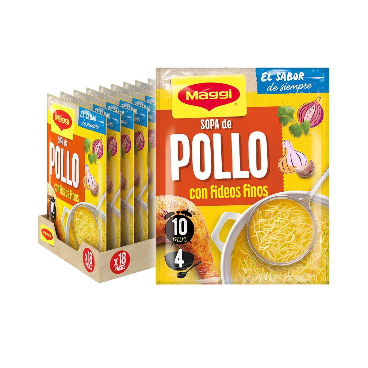 MAGGI Sopa de Pollo con Fideos Finos - Sopa Deshidratada - Pack de 18 x 82g (4 raciones por sobre)