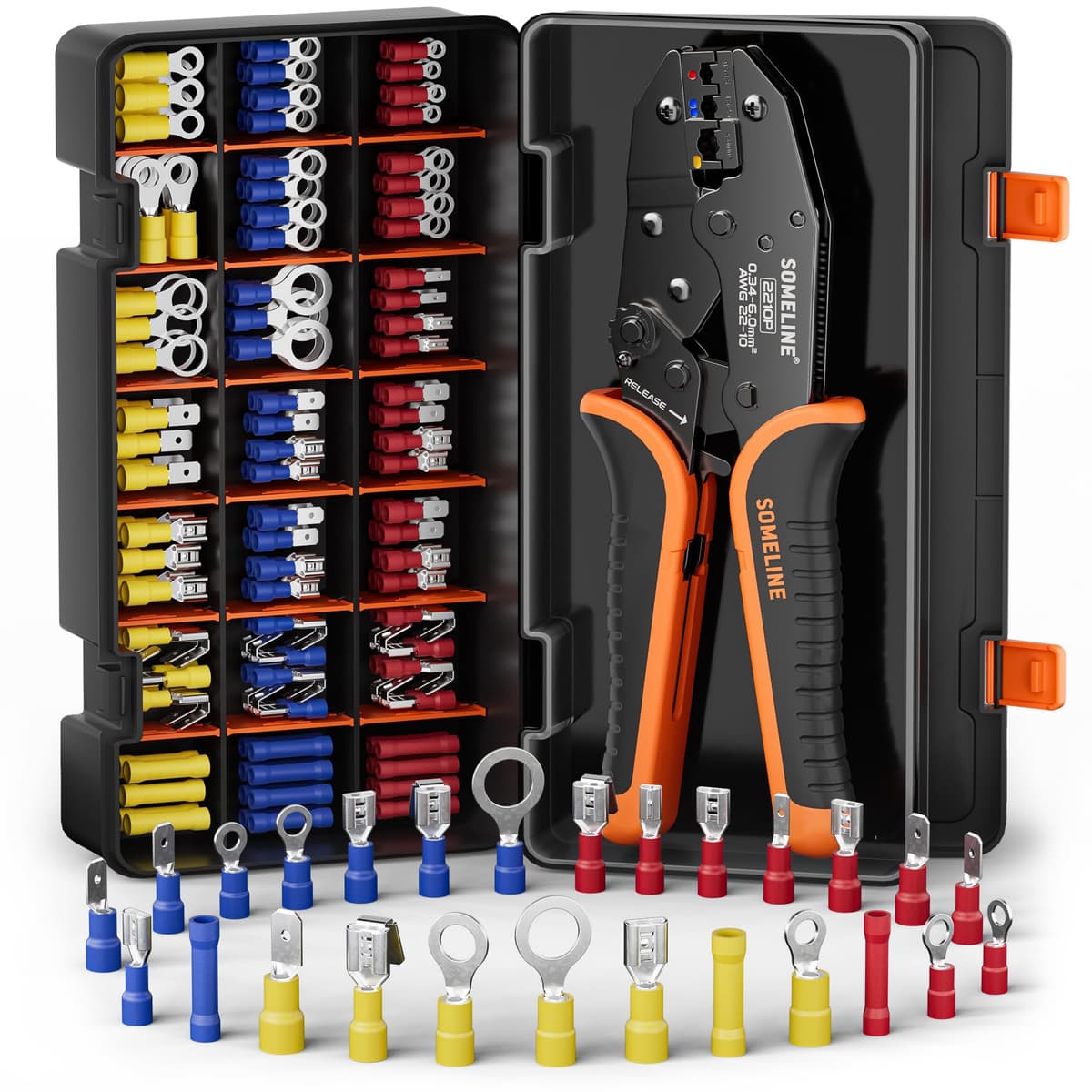 SOMELINE Kit de Crimpadora Terminales Eléctricos, 39 Tipos de Terminales Preaislados, 0,34–6 mm² Crimpadora Autoajustable de Trinquete, para Electricista, Automoción y Bricolaje — view 11