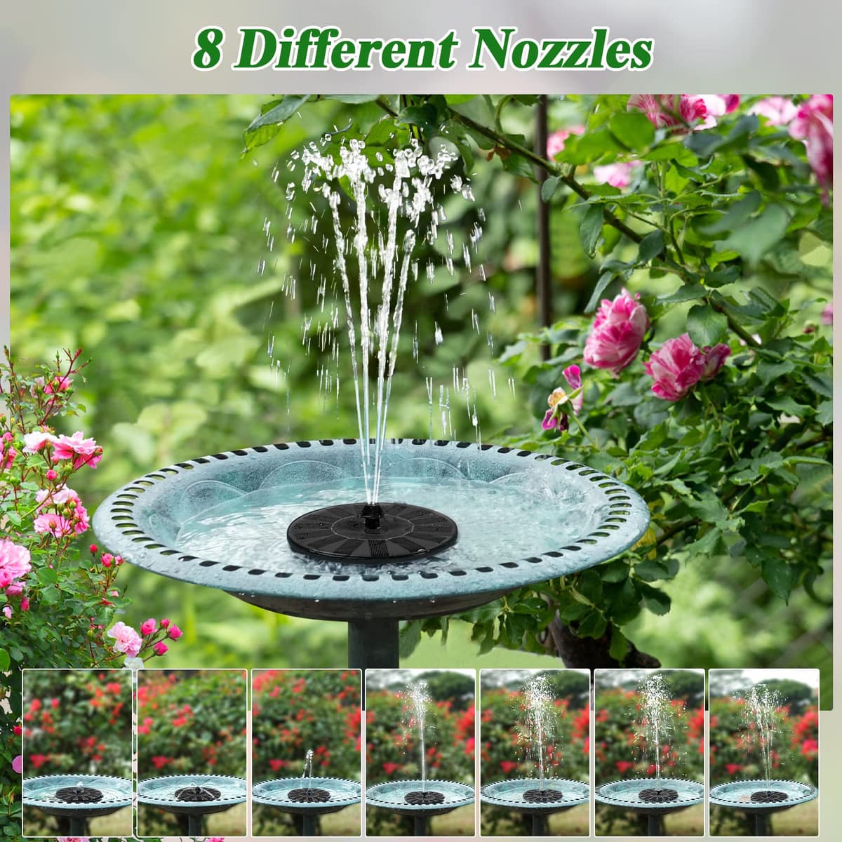 SZMP Solar Fountain Bird Bath Fountains Upgrade Glass Panel, Solar Powered Water Fountain for Humingbirds with 7 Nozzle & 4 Fixer, Solar Fountain Pump for Bird Bath, Garden, Pond, Pool — view 3