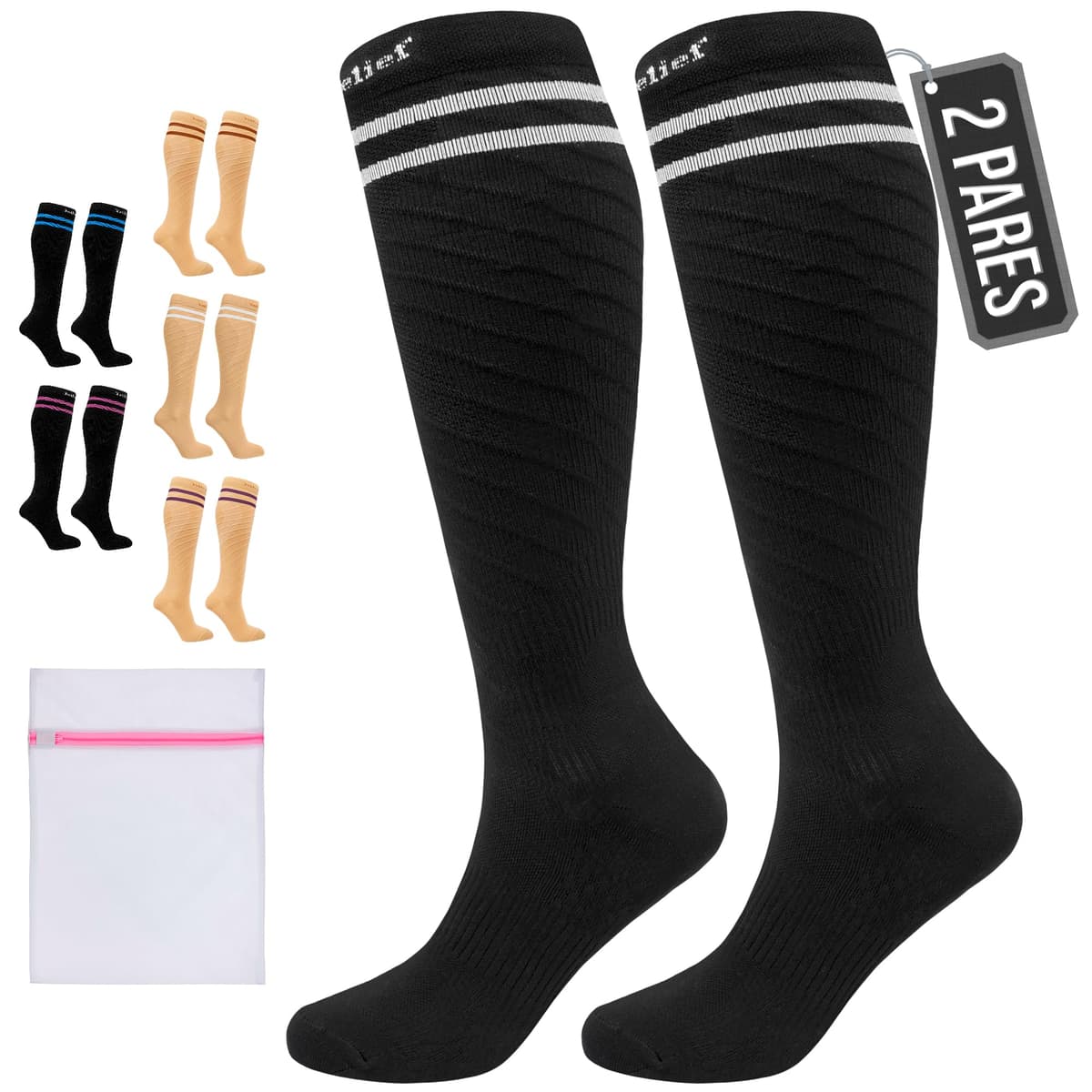 360 Relief Medias de Compresión Mujer y Hombre - 1 Par Calcetines de Compresión para Deportes, Correr, Volar, Viaje, Trabajo, Footing - S/M Beis con Bolsa de Malla — view 33