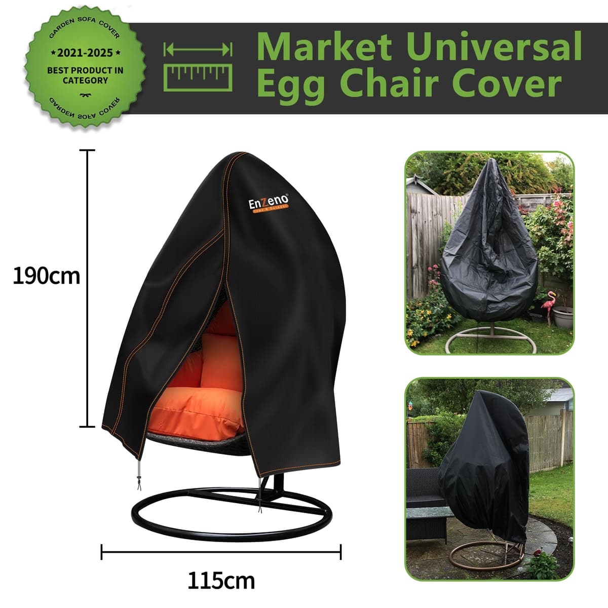 Enzeno Patio Hanging Egg Chair Cover, Outdoor Single seat Cocoon Swing Egg Chair Covers Waterproof with Zipper, 300D Heavy Duty Veranda Garden large Cover for egg chair on stand 190 * 115cm, Black — view 2