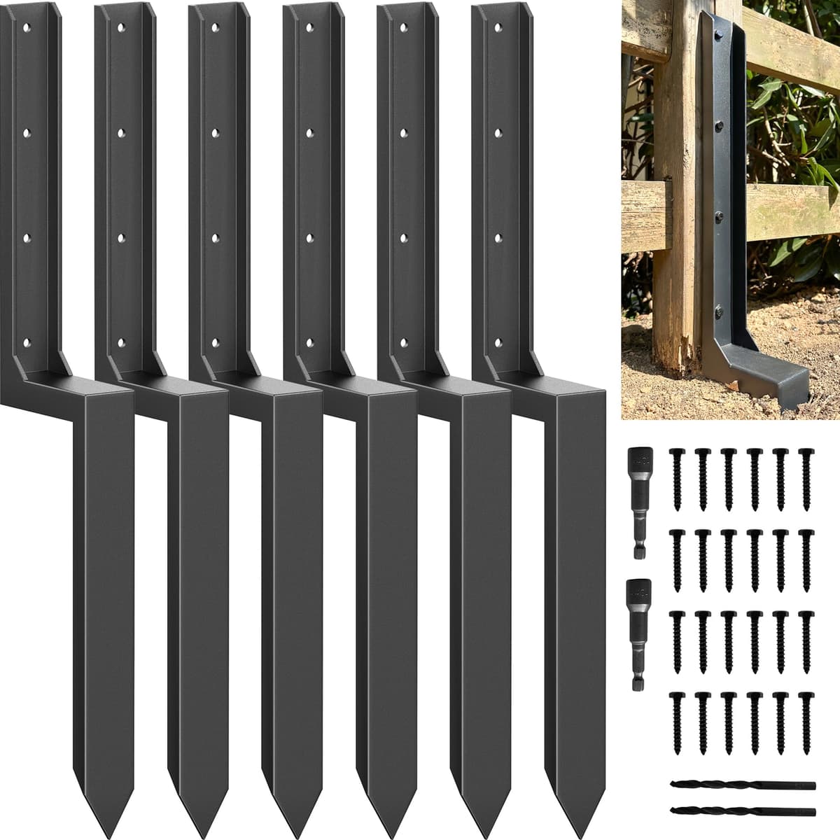 Fence Post Repair Kit - One-Piece Steel Anchors & Stakes to Quick Fix Broken/Leaning 4x4/6x6 Wood Posts (Thickened 11-Gauge, 4-Pack) — view 10