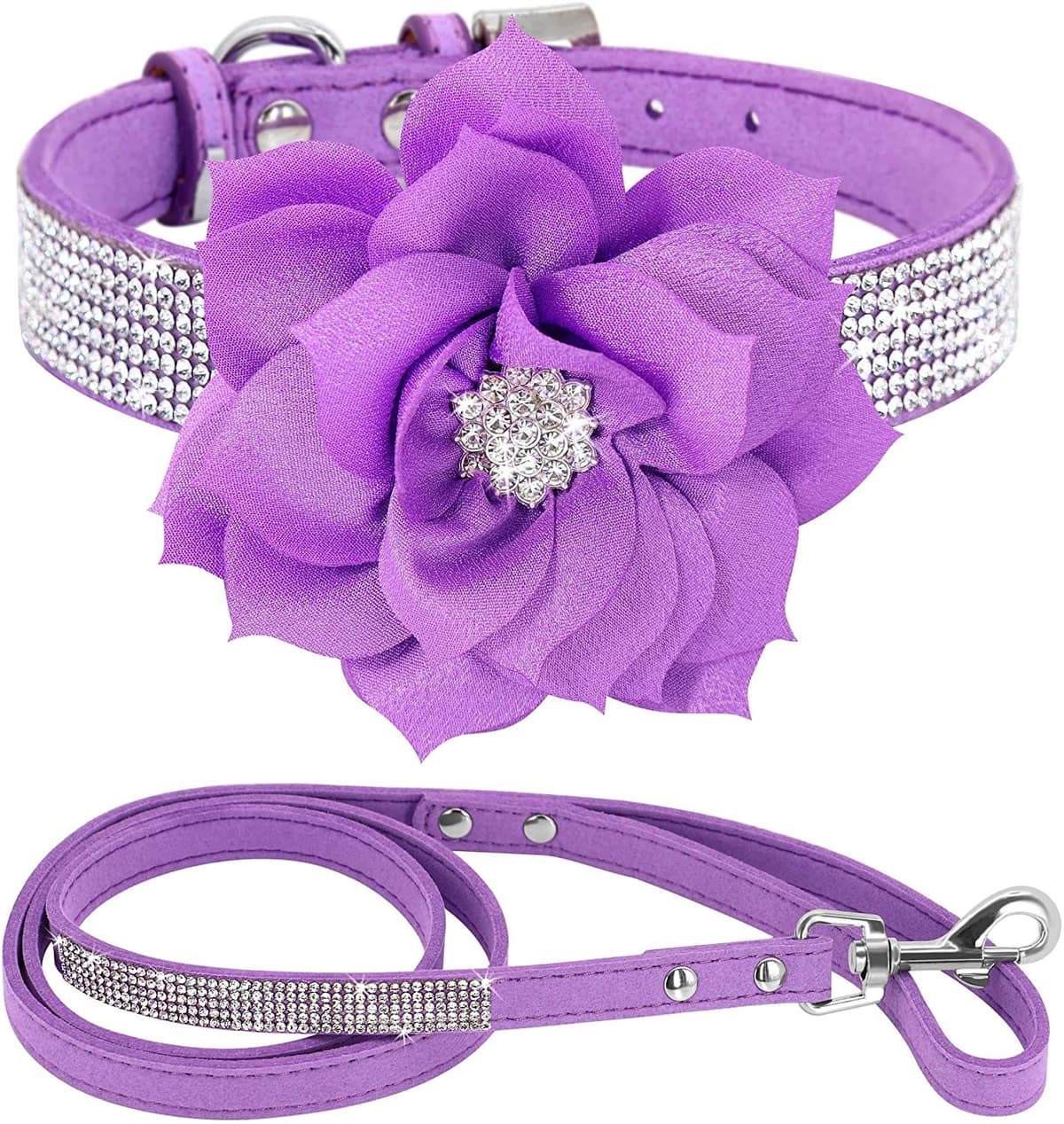 Cute Dazzling Sparkling Elegant Fancy Soft Suede Leather Bling Rhinestone Crystal Jeweled Pet Cat Dog Puppy Collar Dog Leash Combo Set (S, Black-2) — view 14