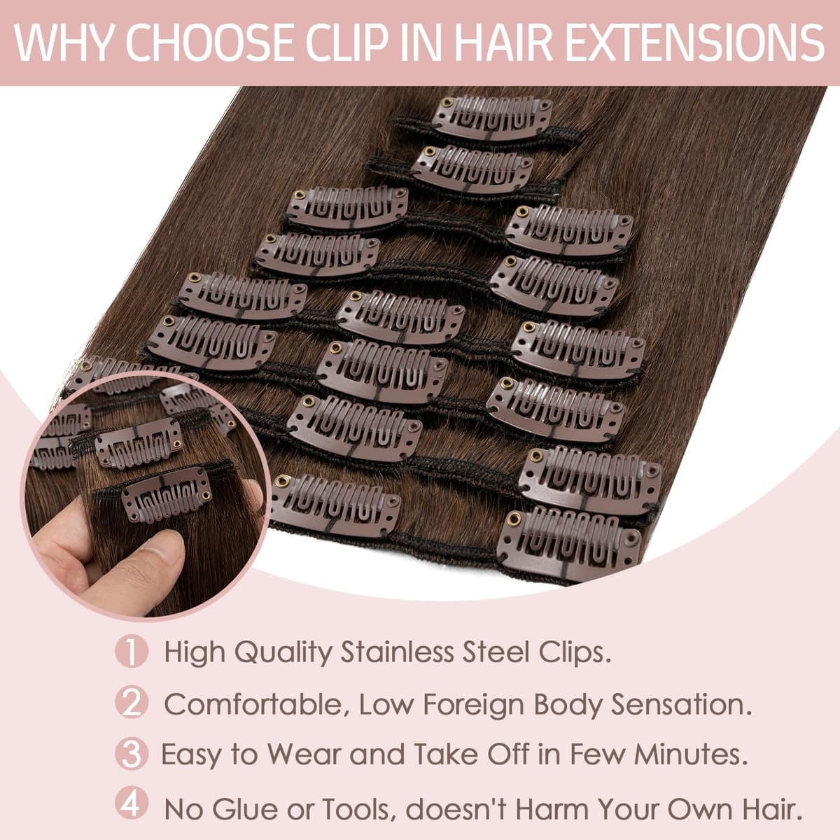 Silk-co 10inch Hair Extensions Clip in Hair Extension Human Hair #04 Medium Brown -Basic Thickness-Thin Weft- 8 Pieces Real Remy Straight Hair Extensions[50g] — view 5