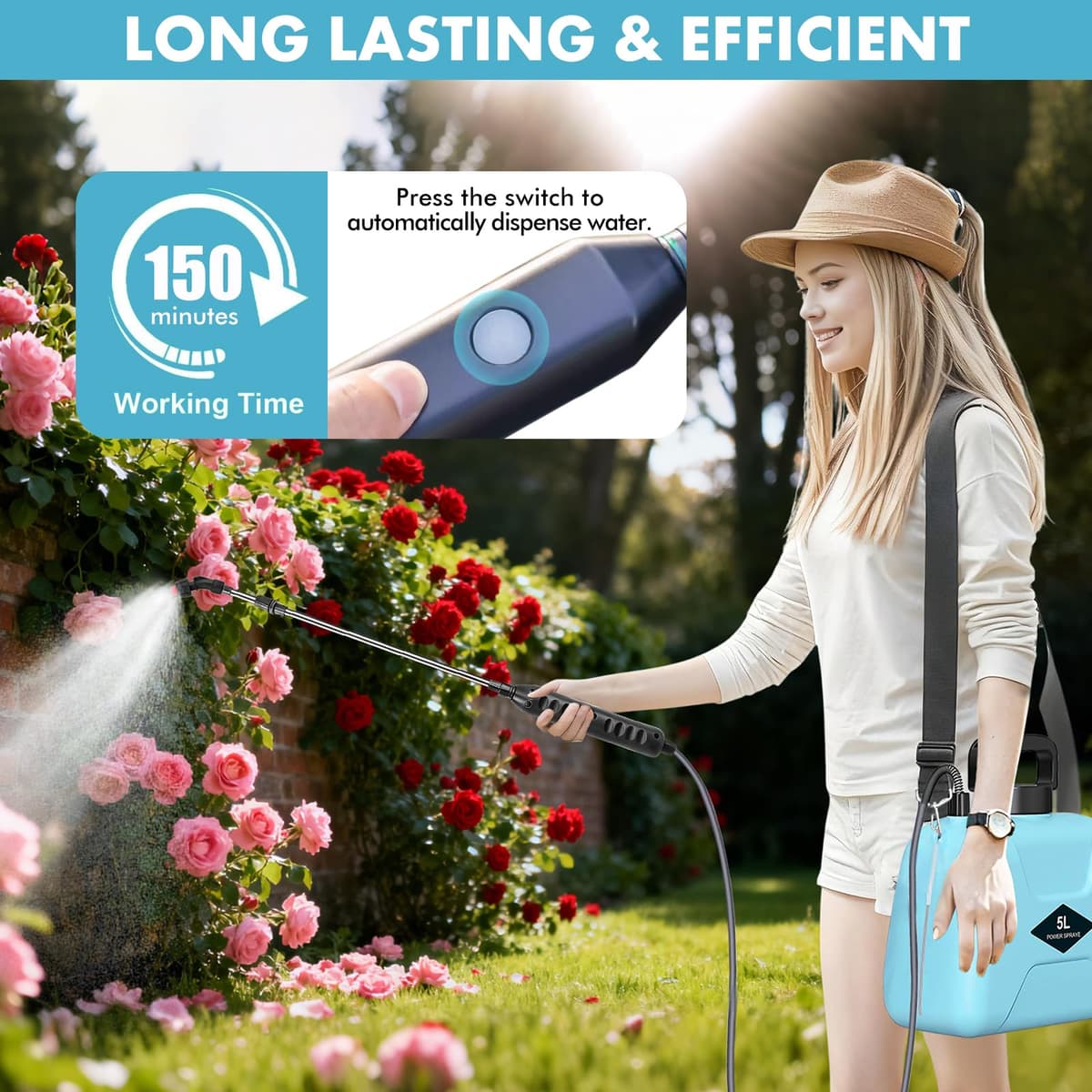 Nikou Pulverizador de Mochila a Presión, Pulverizador Eléctrico para Plantas 5 litros, con 3 Boquillas, Varilla Telescópica, Correas Ajustables para Horticultura, Silvicultura, Agricultura — view 4