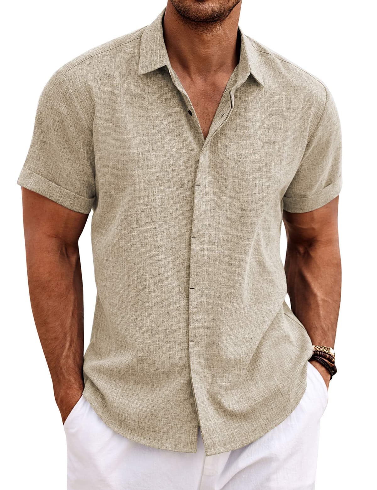 COOFANDY Men's Linen Shirts Short Sleeve Casual Shirts Button Down Shirt for Men Beach Summer Wedding Shirt — view 34
