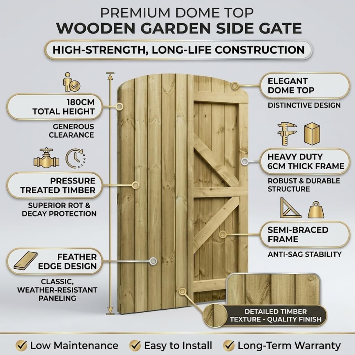 180cm x 99cm Wooden Garden Gate | Pressure Treated Feather Edge Timber Gate | Dome Top Heavy Duty 6cm Thick Semi-Braced Side Gate — view 2