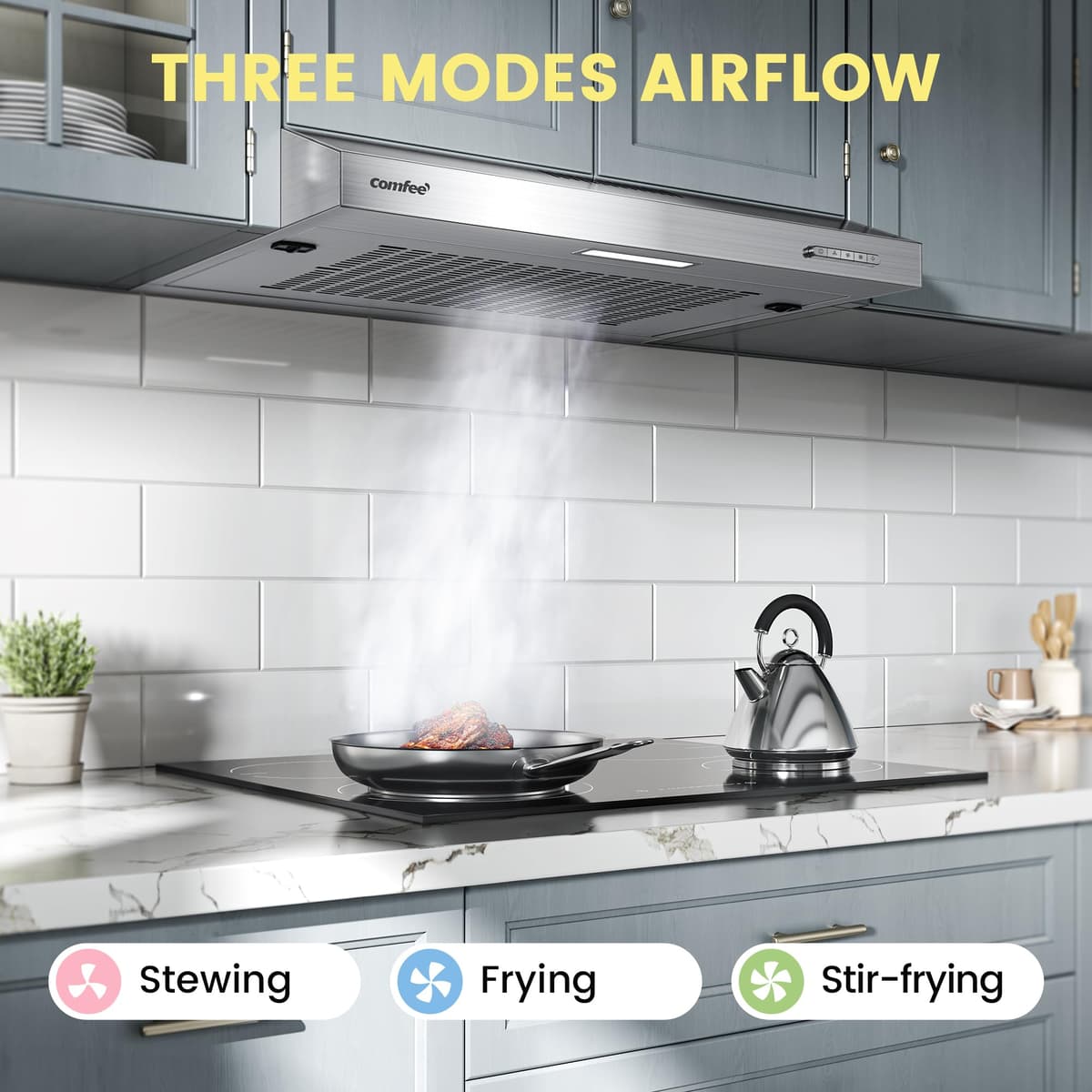 COMFEE' Visor Cooker Hood SLIF17SS-60 LED Extractor Hood Under Cabinet Hood Wall Mounted Extractor Fan Kitchen 600 mm Top Vented Range Hood - Stainless Steel, 60 cm — view 2