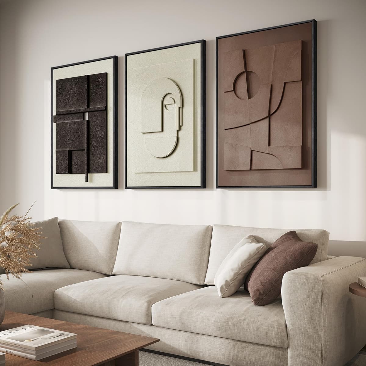 Large 3D Textured Framed Abstract Wall Art for Living Room, 3 Piece Modern Paintings Artwork for Walls, Black White Brown Geometric Sandstone Texture Pictures for Hallway Office Home Decor 24x36 In — view 14