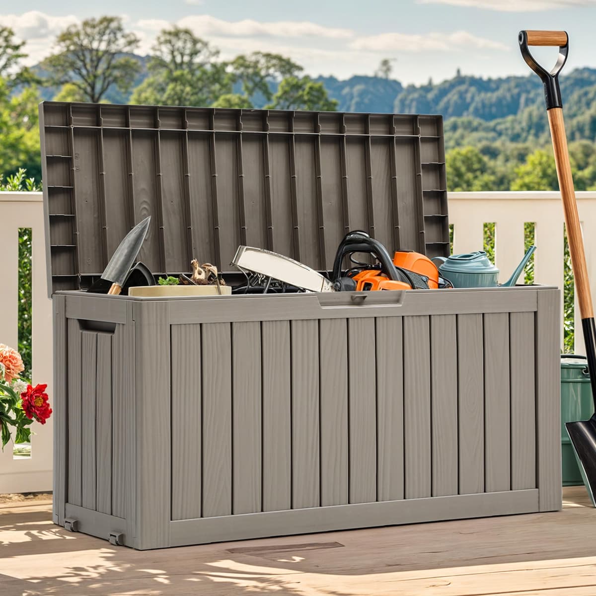 YITAHOME Outdoor Storage Box with Wheels, 270L Plastic Deck Box, Waterproof Garden Chest for Cushions, Tools & Pool Supplies, Lockable, Faux Woodgrain, 114.7 x 46.5 x 57.6 cm, Light brown — view 2