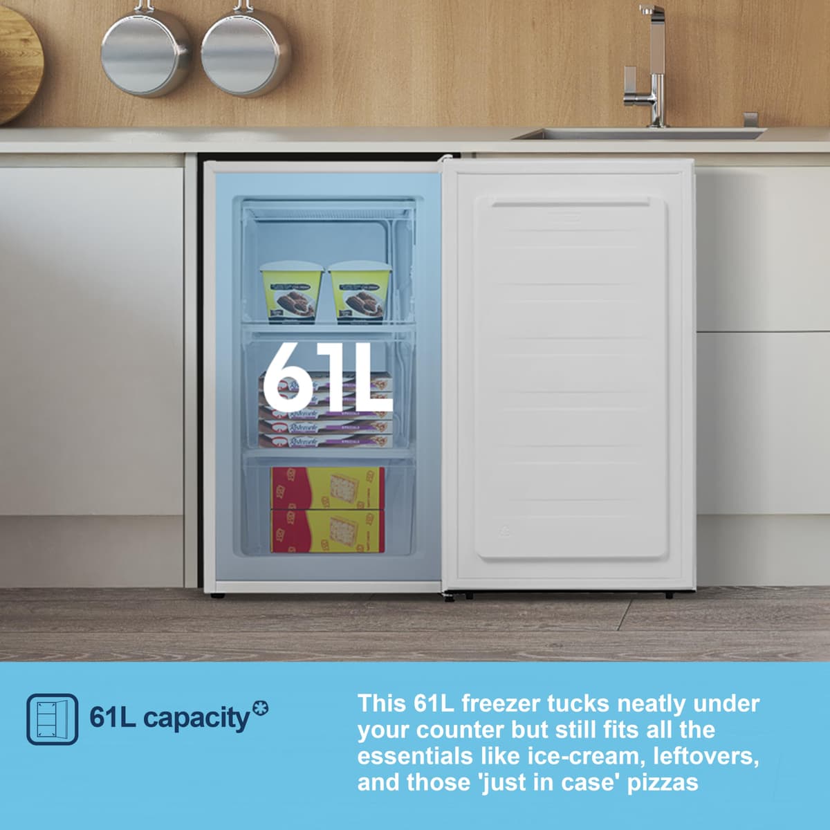 Fridgemaster MUZ4860E Freestanding Undercounter Freezer, 61Litres, 4 Star Freezer Rating, 48cm width, E Rated in White — view 5