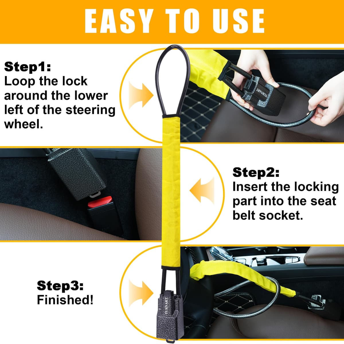 Turnart Steering Wheel Lock Seat Belt Lock Universal Fit Most Vehicles Sturdy Lock for Car Truck SUV Van Security with 3 Keys (Yellow) — view 5