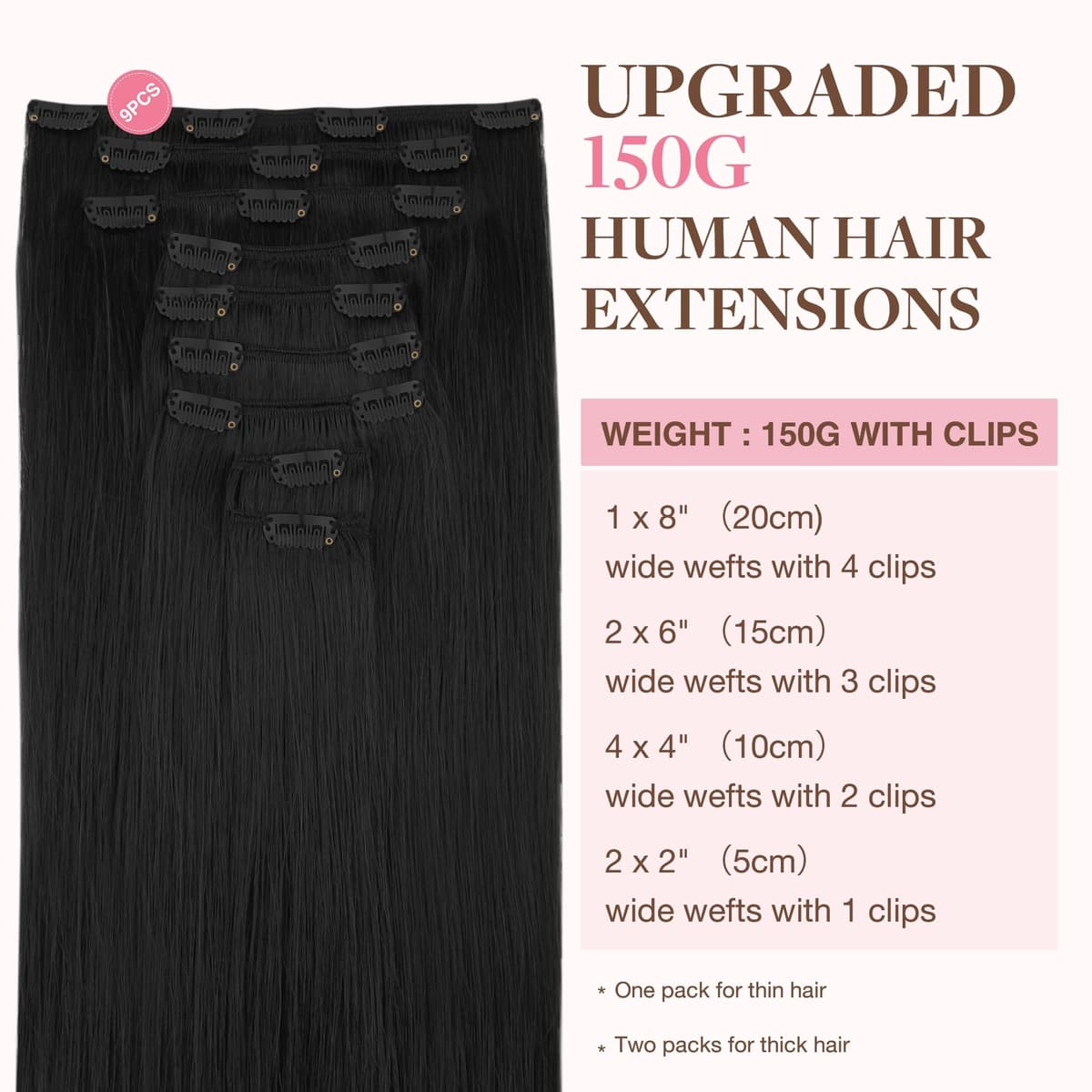 GOO GOO Clip in Hair Extensions Human Hair, 18inch 150g 9Pcs, #2 Dark Brown, Hair extensions for women, Human Hair Extensions Clip in — view 120