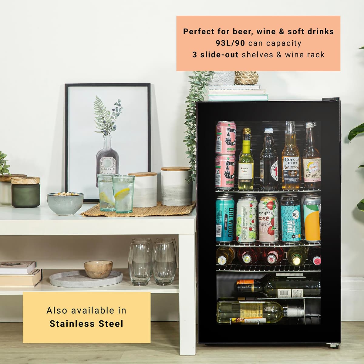 Mini Fridge 93 Litre Undercounter Freestanding Beverage/Drinks Wine Fridge for Beer in Black, LED Light, Drinks & Snacks Glass Door, 3 Adjustable Shelves, Energy Efficient, K48BC101B — view 3