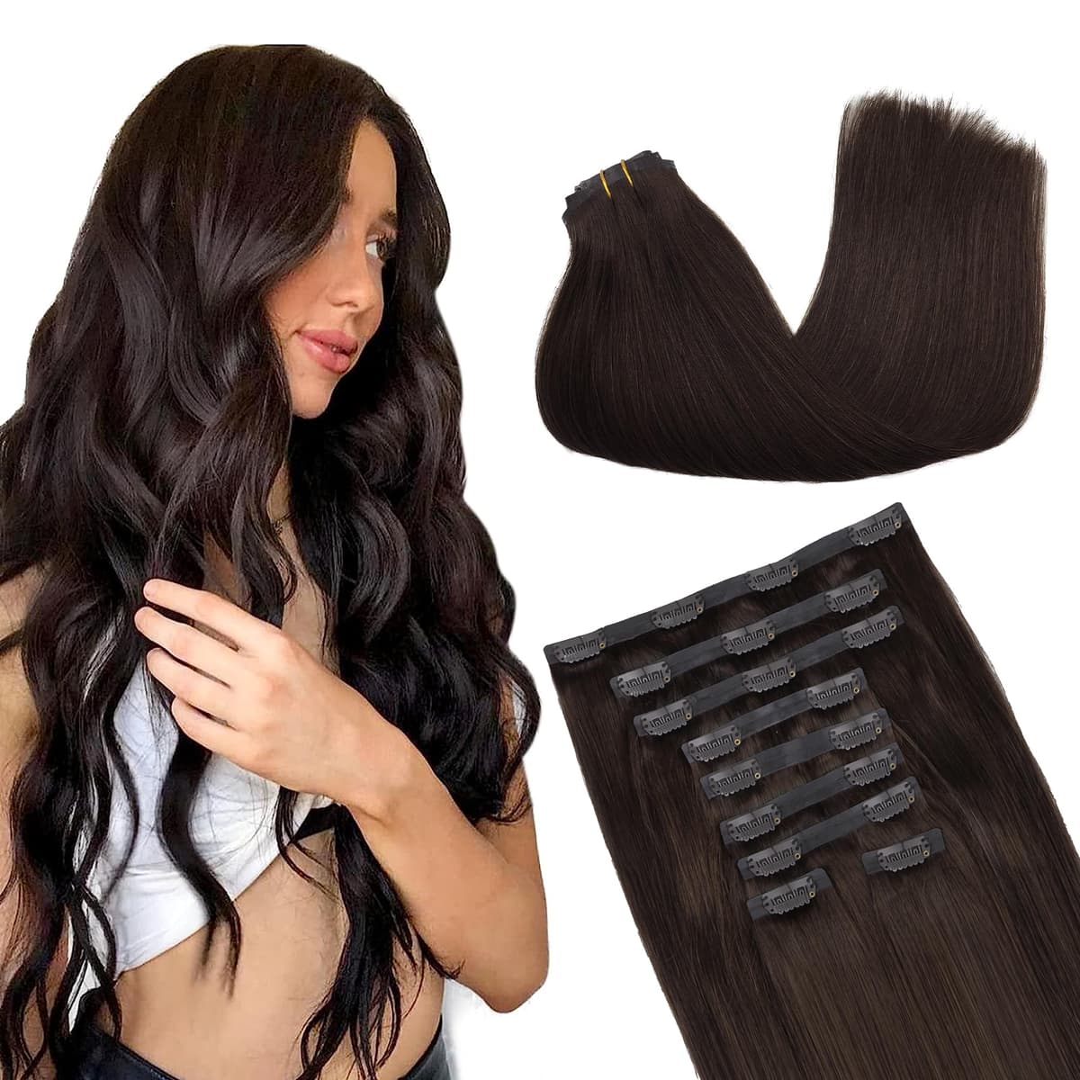 GOO GOO Clip in Hair Extensions Human Hair, 18inch 150g 9Pcs, #2 Dark Brown, Hair extensions for women, Human Hair Extensions Clip in — view 196