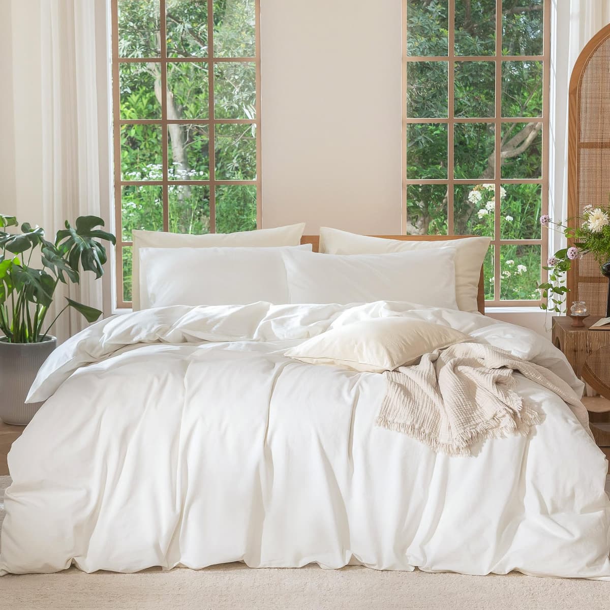 MooMee Bedding Duvet Cover Set 100% Washed Cotton Linen Like Textured Breathable Durable Soft Comfy (Tannish Linen Grey, King) — view 49
