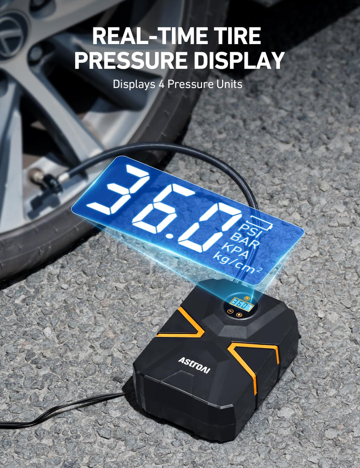 AstroAI Tyre Inflator Air Compressor 12V DC, Car Accessories Digital Tyre Pump 150 PSI, Preset Tyre Pressure & Auto Shutoff, Electric tyre Pumps for Cars Motorcycles Bikes (Black&Yellow) — view 3