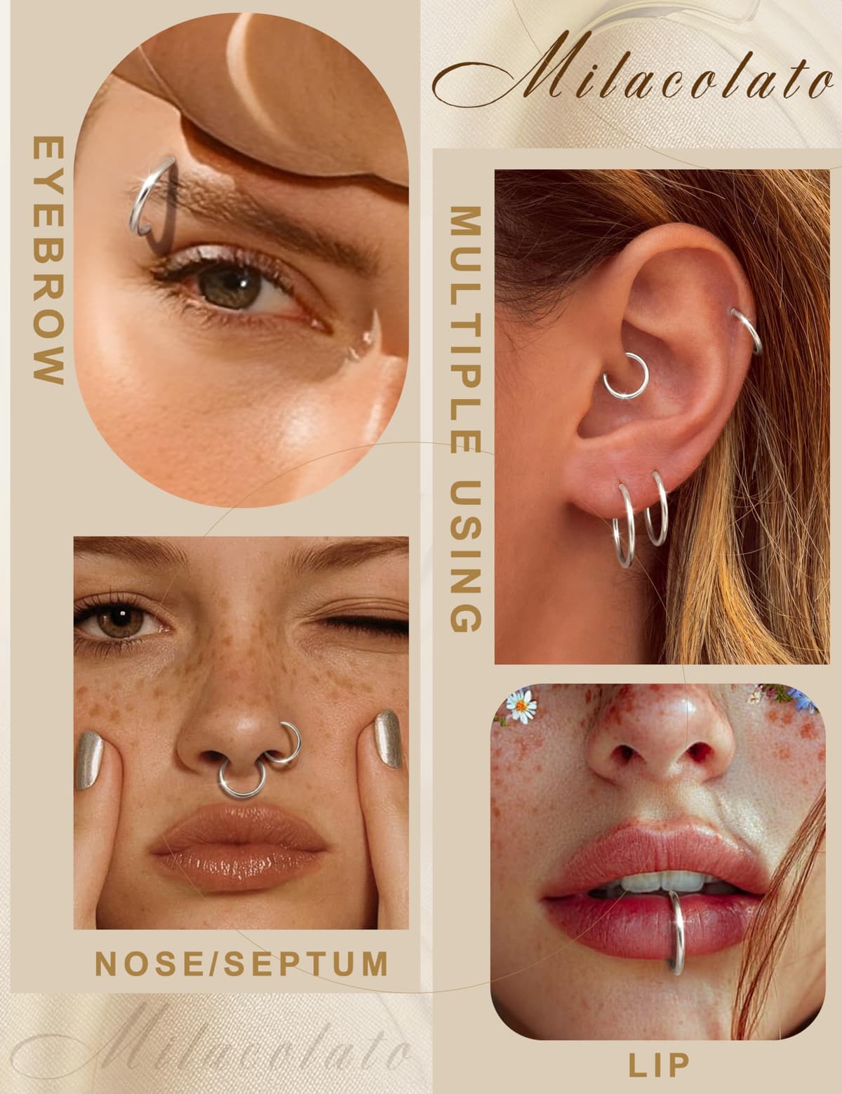 MILACOLATO Pequeños Pendientes de Aro de Plata/Oro para Mujer Hombre Hipoalergénico 316L Acero Quirúrgico Cartílago Tragus Helix Sleeper Pendientes de Aros con Bisagras 16G Piercing en la nariz — view 5