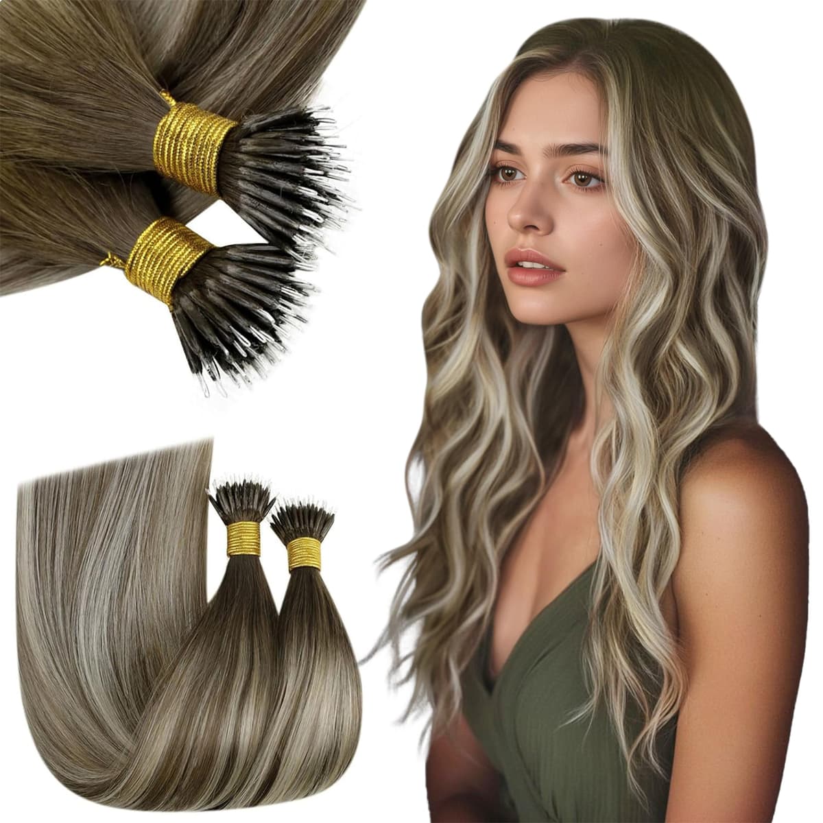 RUNATURE 18 Inch Nano Beads Hair Extensions Real Human Hair Ice Blonde Nano Hair Extensions Real Human Hair White Blonde Invisible Nano Rings Straight Remy Hair 50g 50s #800 — view 36