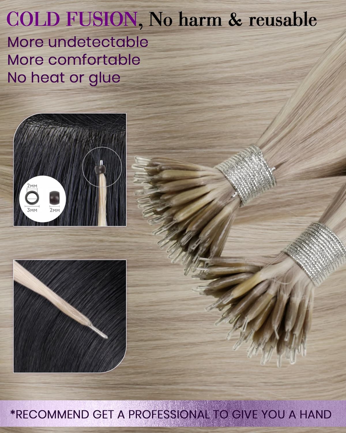 LaaVoo Nano Beads Hair Extensions Human Hair Nano Hair Extensions Blonde Invisible Nano Ring Straight Remy Highlight Medium Blonde Real Hair 50g 50s 14 Inch #18/613 — view 3