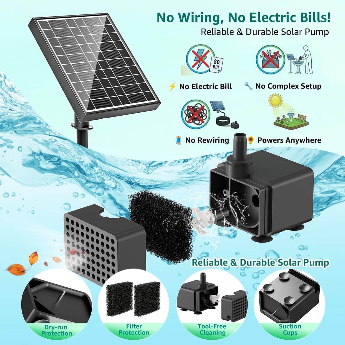 PONDIA Solar Fountain Pump with Battery Backup, 8.5W Solar Water Pump Built-in 3400mAh Battery, 7 Spray Modes & 5Ft PVC Tubing with Floating Pad for Small Pond, Garden Water Feature, Bird Bath — view 4
